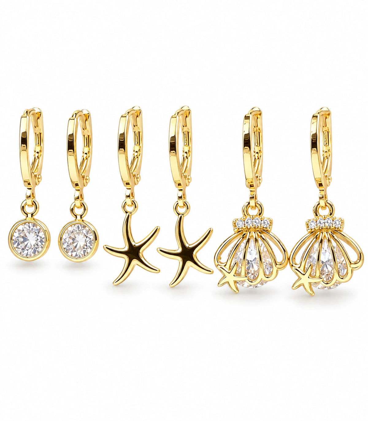 Complete gold-tone three-pair hoop earring set with crystal, starfish and shell charms; six earrings