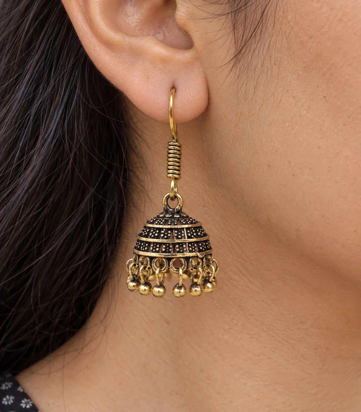 JIMIKI Antique Gold Banded Dotted Hook Jhumka Earrings in Antique Gold - close-up details #color_antique-gold