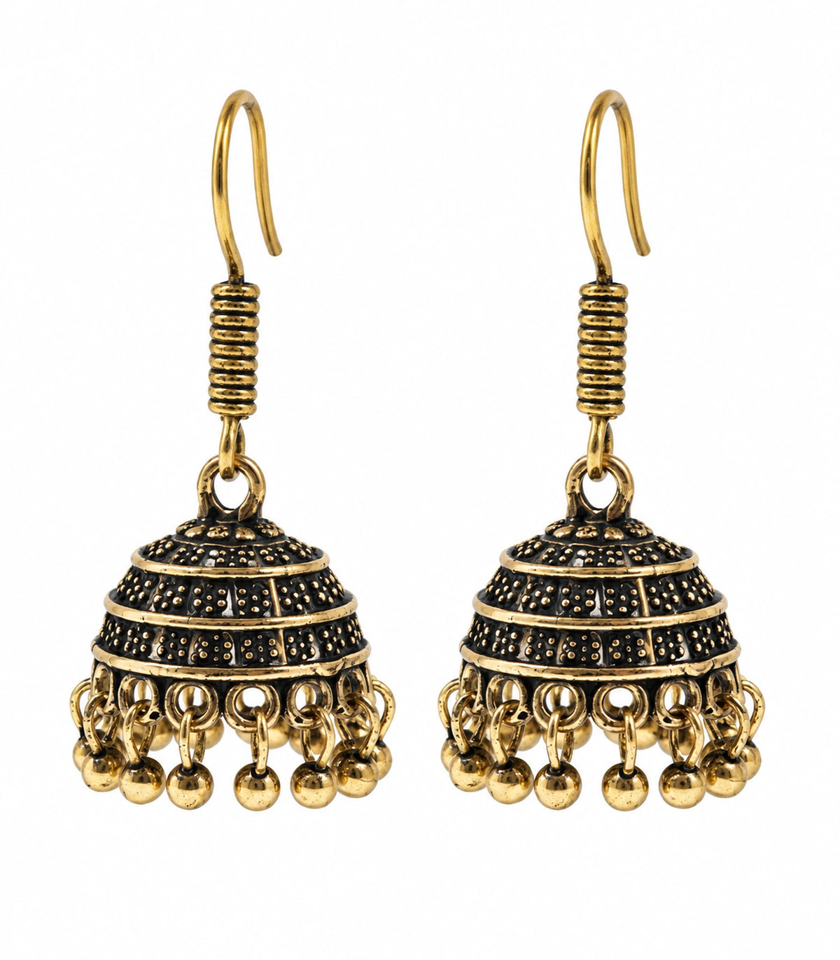 JIMIKI Antique Gold Banded Dotted Hook Jhumka Earrings in Antique Gold - pair on white #color_antique-gold