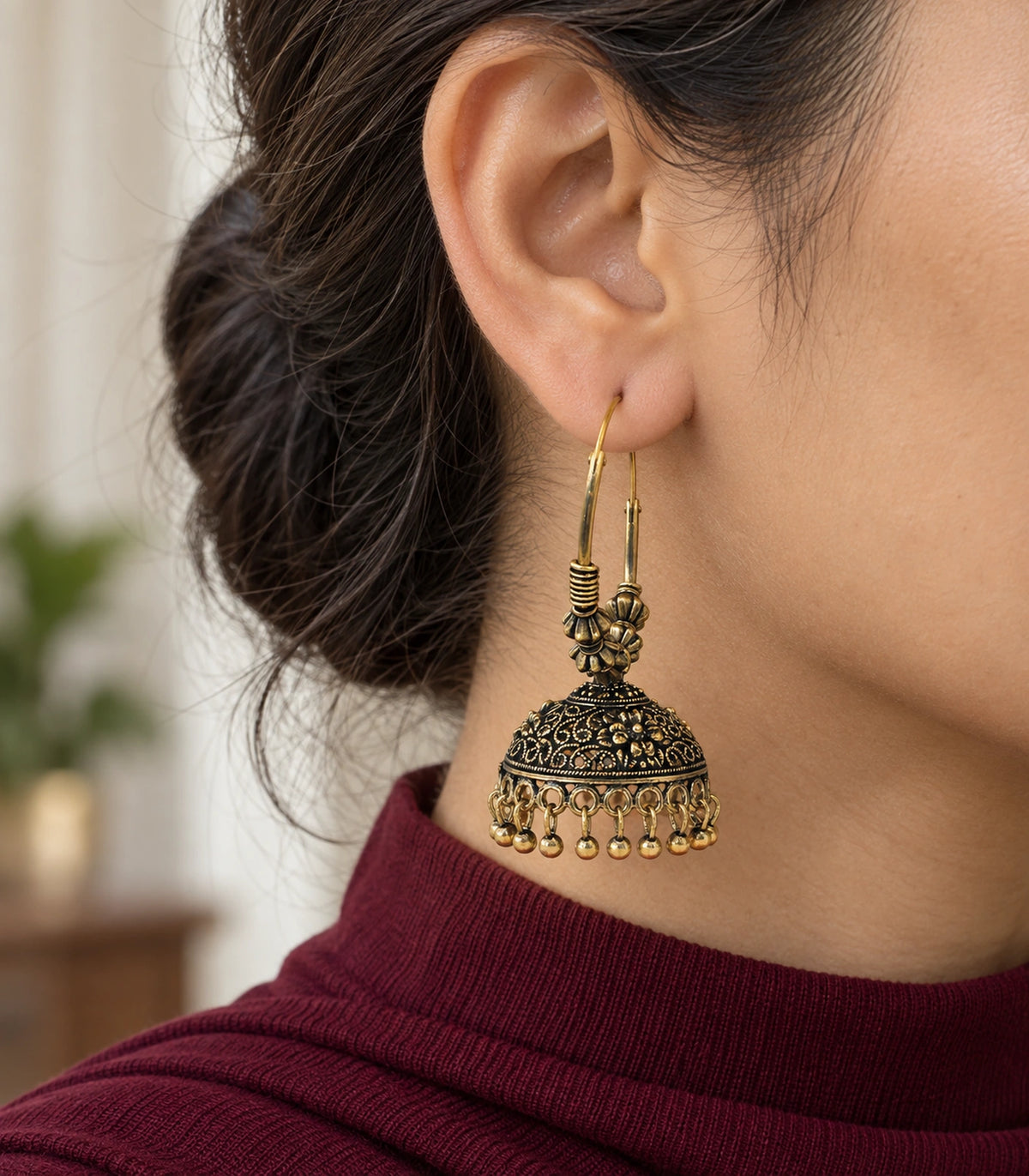 JIMIKI Beaded Hoop Floral Jhumka Earrings - Antique Gold earring in a styled model view #color_antique-gold