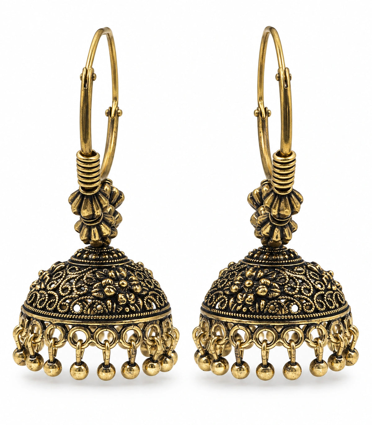 JIMIKI Beaded Hoop Floral Jhumka Earrings - Antique Gold pair on white background #color_antique-gold