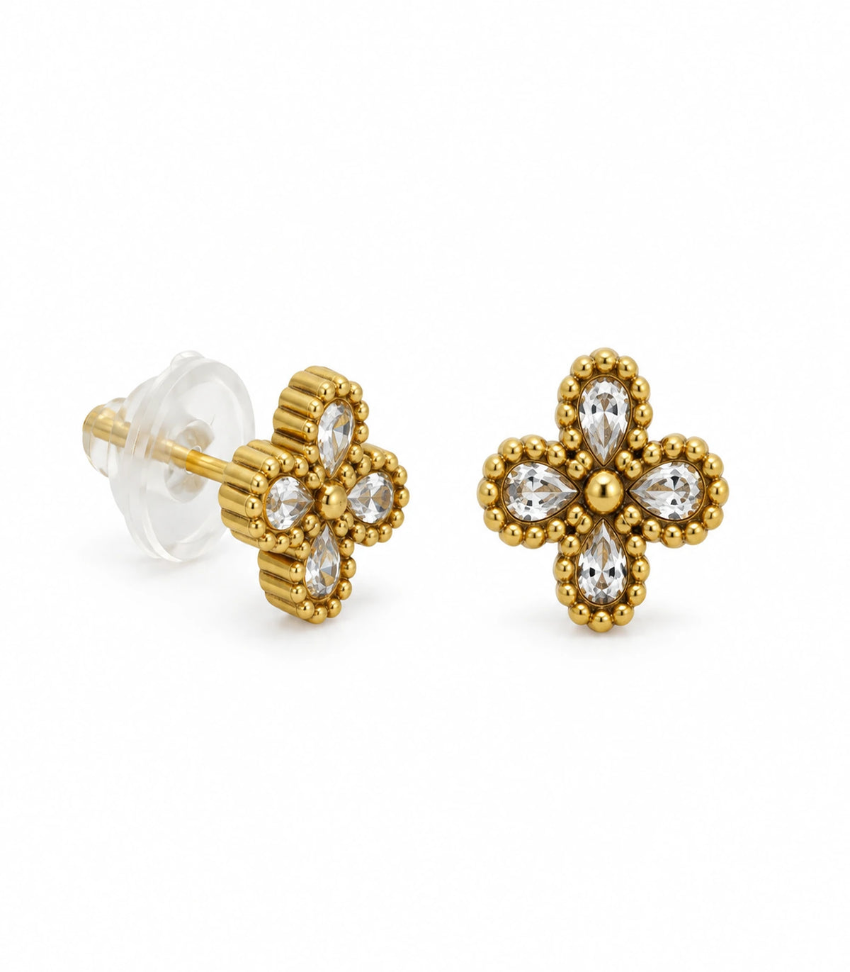 JIMIKI Antique Gold Crystal Clover Stud Earrings, matching pair with front, side and post back visible on white #color_antique gold