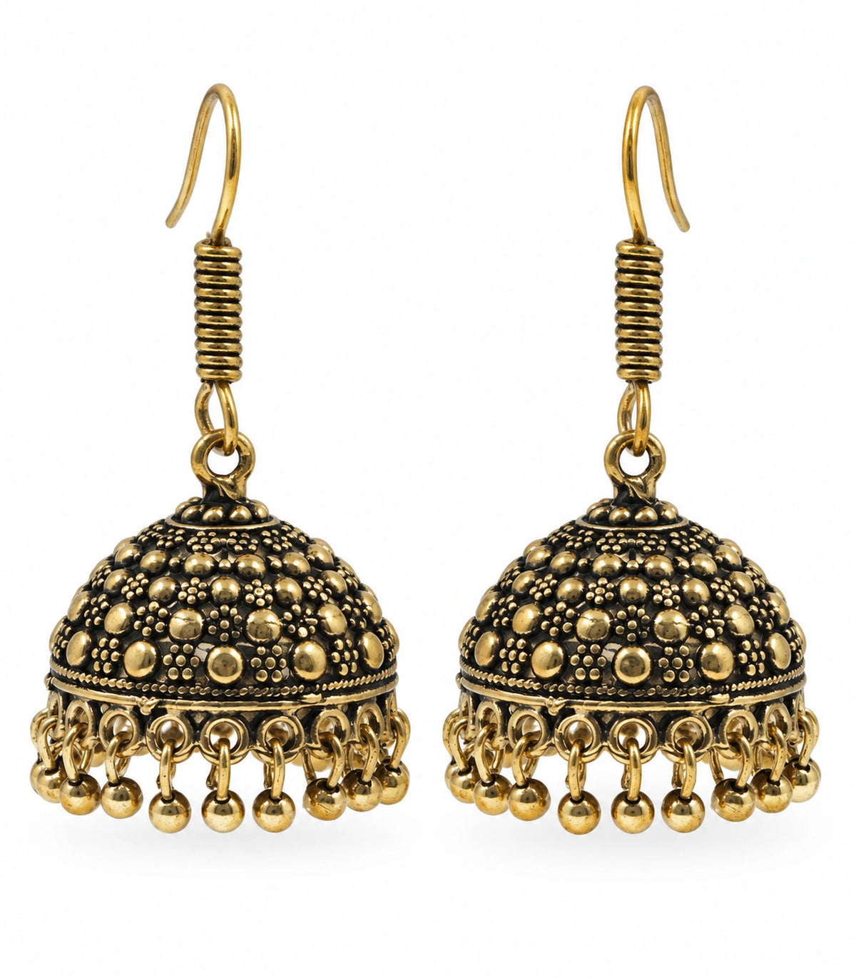 JIMIKI Antique Gold Dotted Dome Hook Jhumka Earrings in Antique Gold - pair on white #color_antique-gold