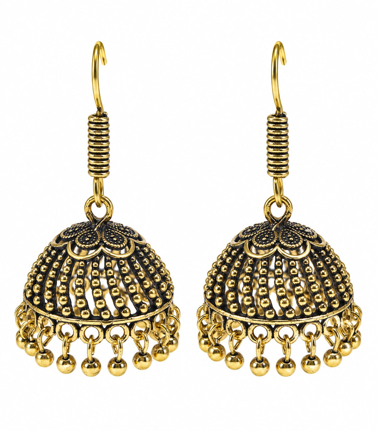 JIMIKI Antique Gold Floral Cap Beaded Dome Jhumka Earrings - matching pair on a white background #color_antique-gold