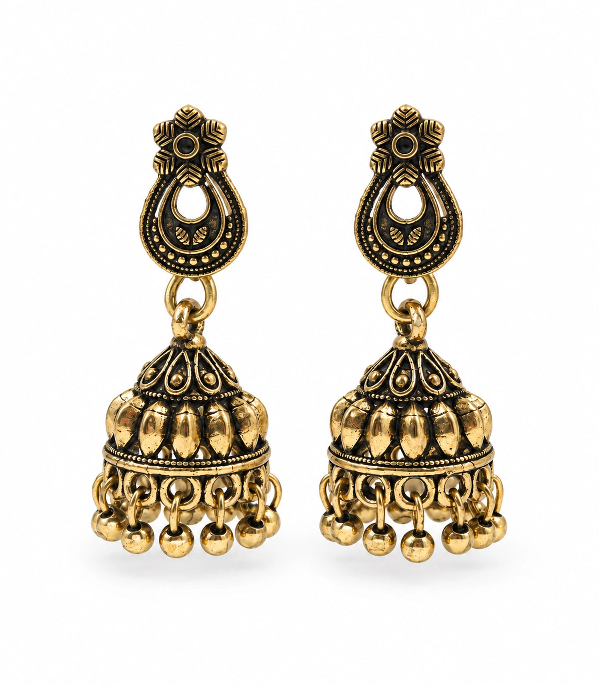 JIMIKI Antique Gold Floral Teardrop Leaf Jhumka Earrings in Antique Gold - pair on white #color_antique-gold