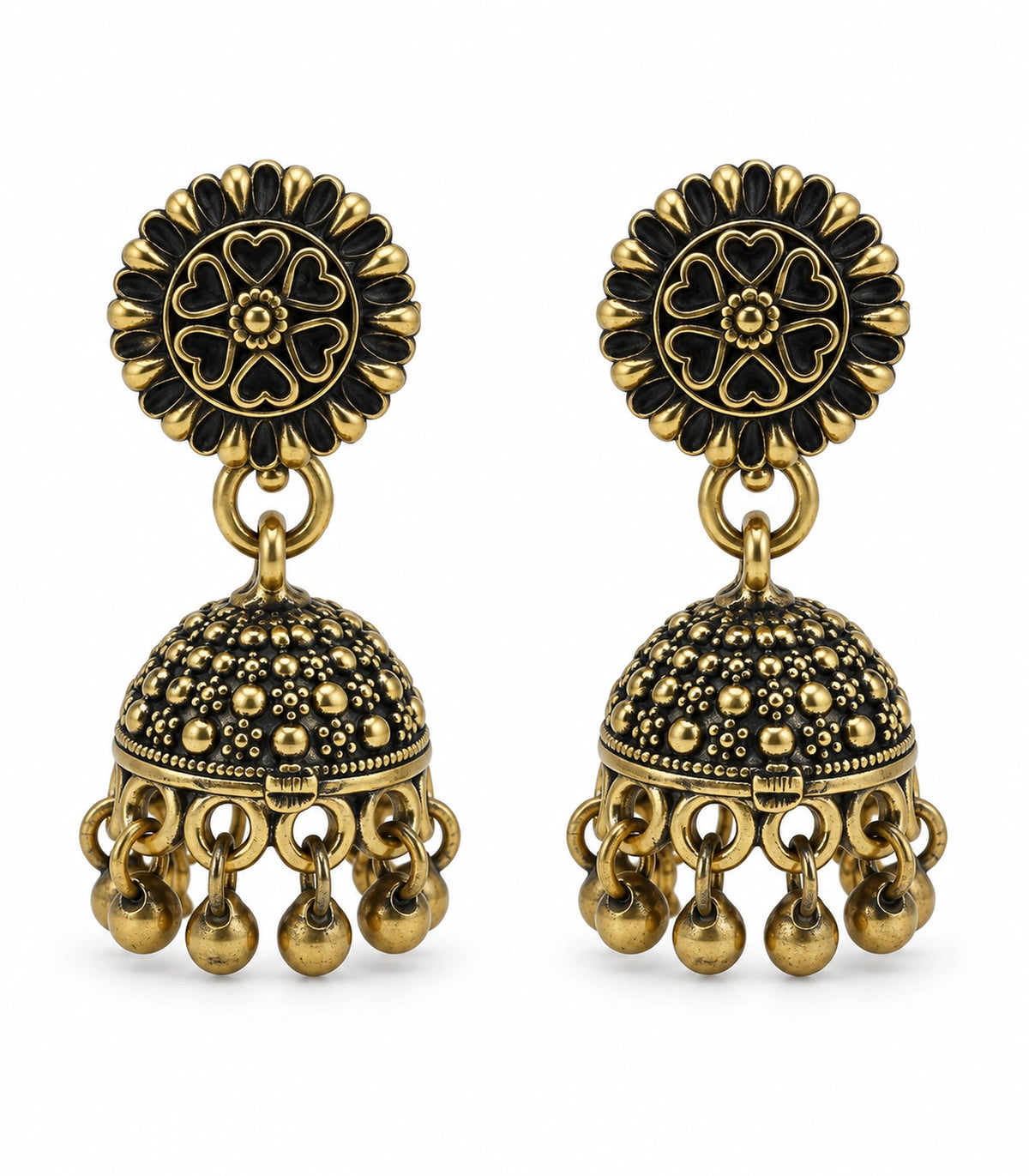 JIMIKI Antique Gold Heart Flower Stud Dotted Jhumka Earrings in Antique Gold - pair on white #color_antique-gold