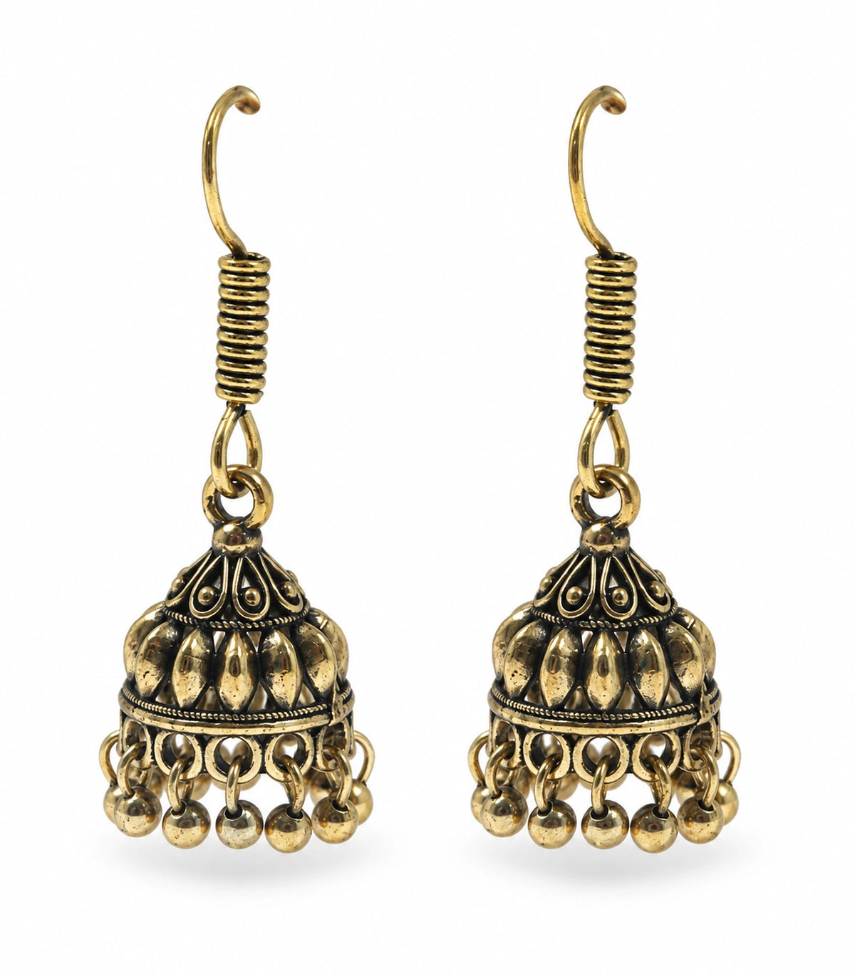 JIMIKI Leaf Dome Hook Jhumka Earrings in Antique Gold - pair on white #color_antique-gold