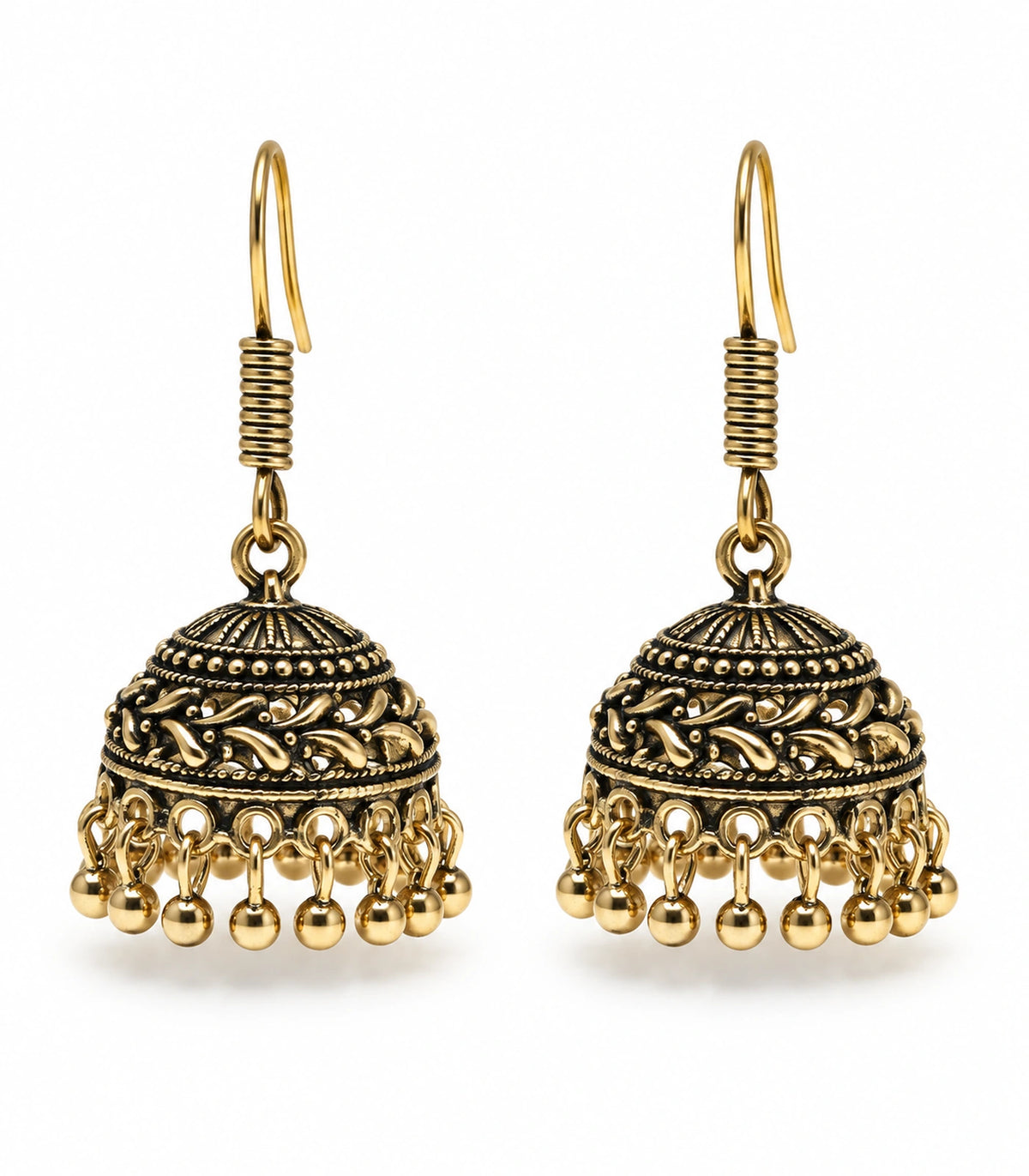 JIMIKI Antique Gold Leaf Scroll Dome Hook Jhumka Earrings - Matching pair on a white background #color_antique-gold