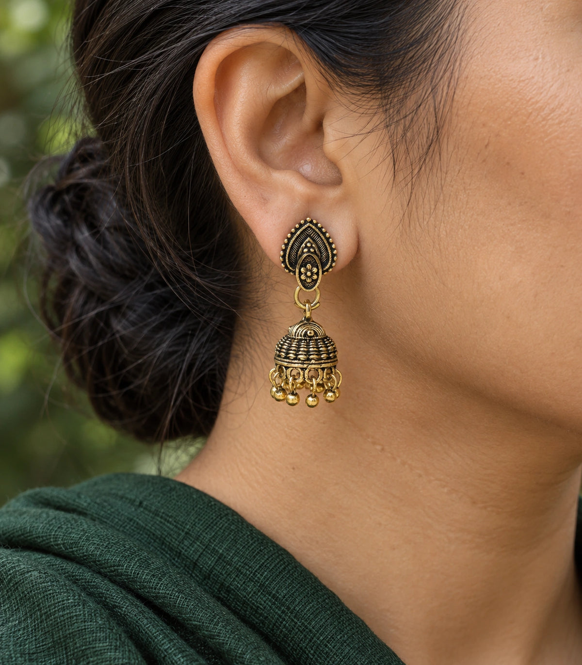 JIMIKI Leaf Stud Beaded Jhumka Earrings - Antique Gold close-up of the earring worn #color_antique-gold