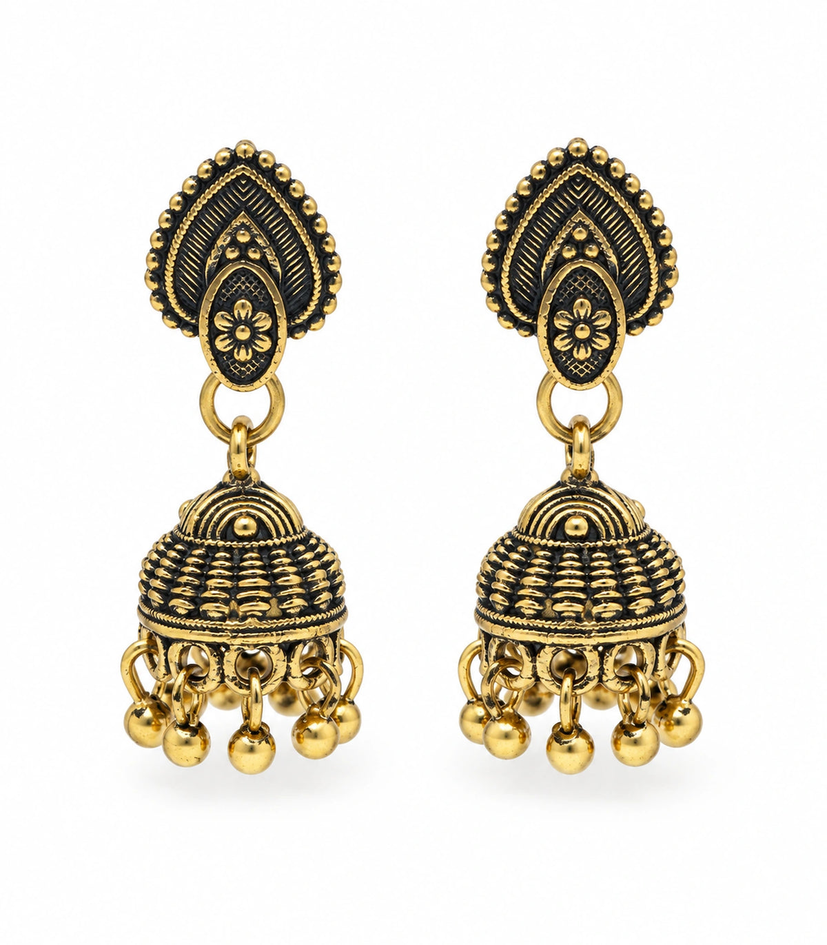 JIMIKI Leaf Stud Beaded Jhumka Earrings - Antique Gold matching pair on a white background #color_antique-gold