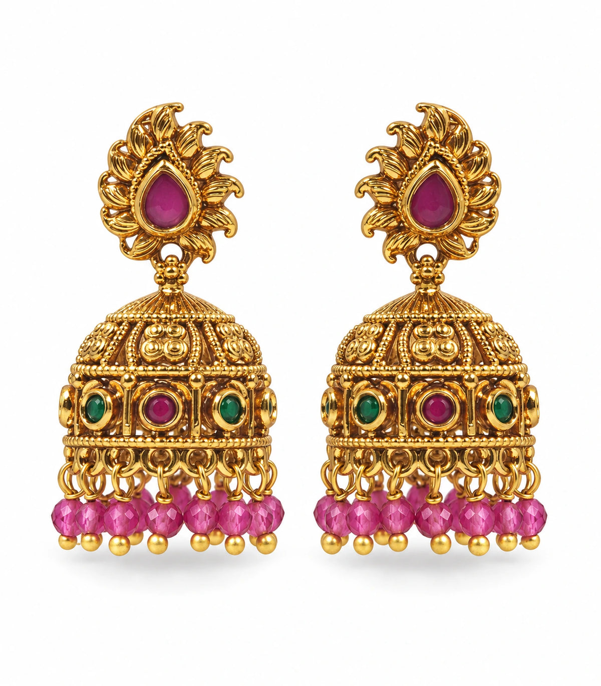 Antique gold-tone flame jhumka earring pair with magenta teardrop studs, green and magenta accents and magenta bead fringe on white