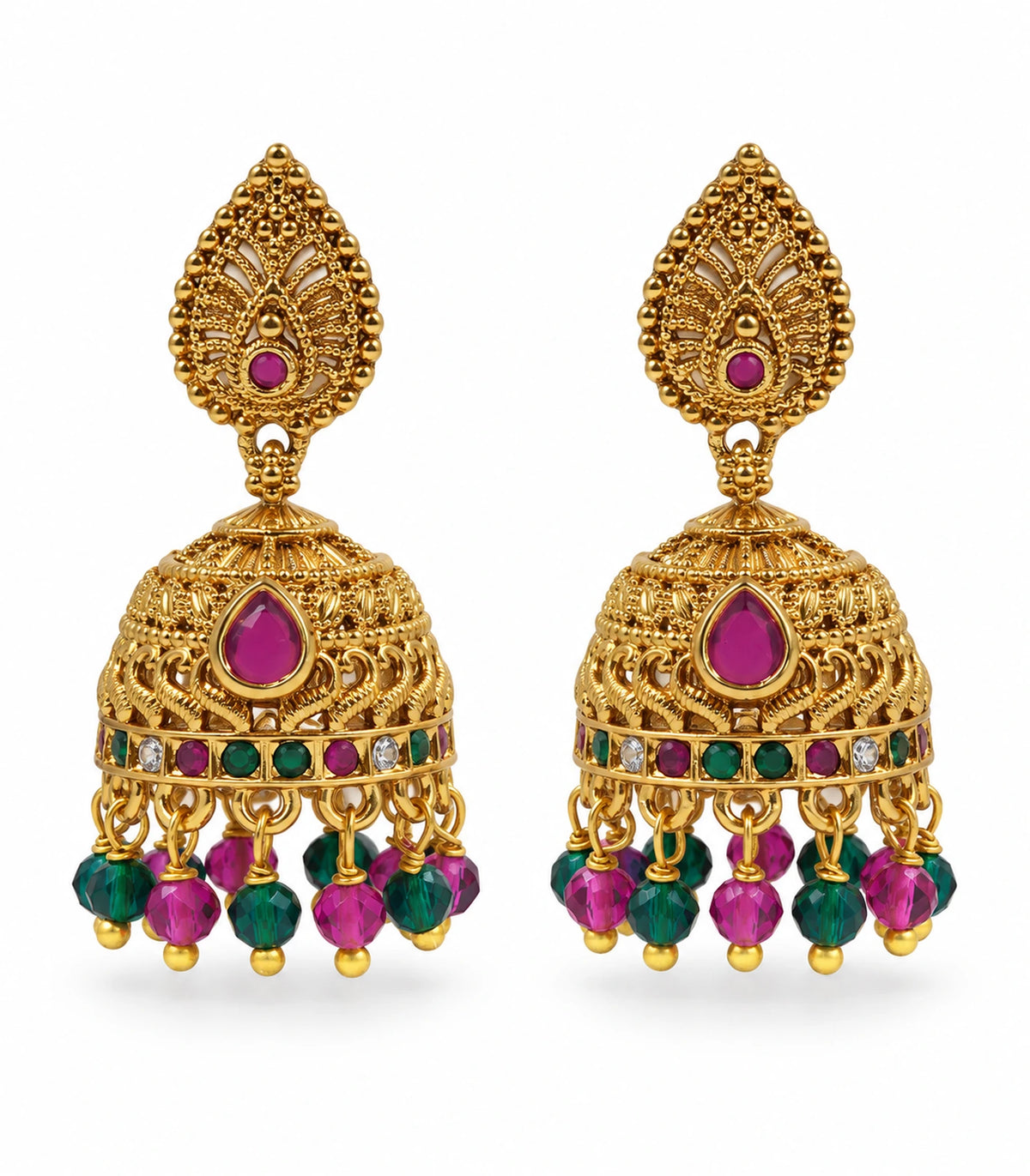 Pair of antique gold-tone jhumka earrings with magenta accents and green and magenta bead fringe on white