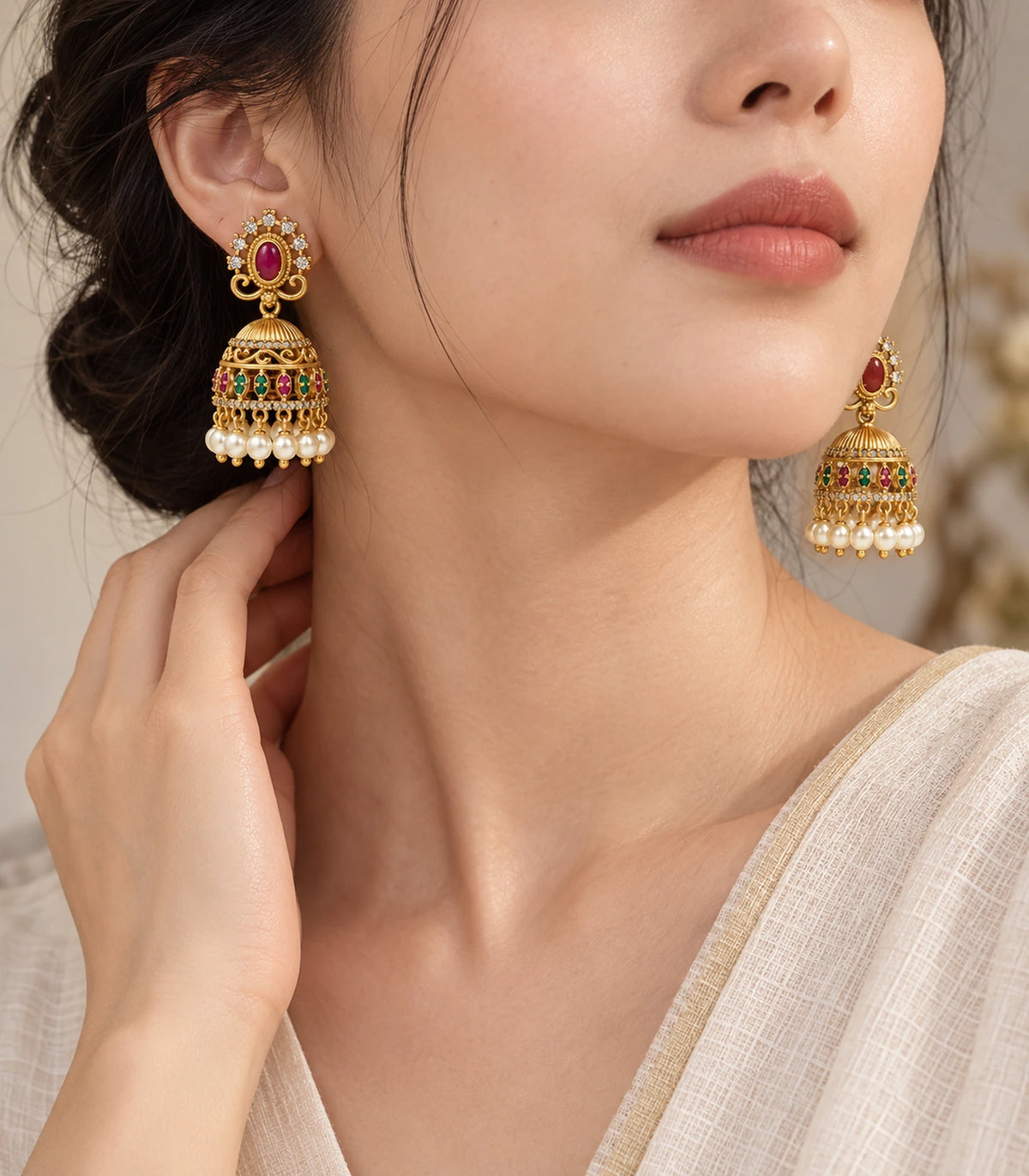 Editorial worn view of antique gold-tone magenta and green pearl jhumka earrings