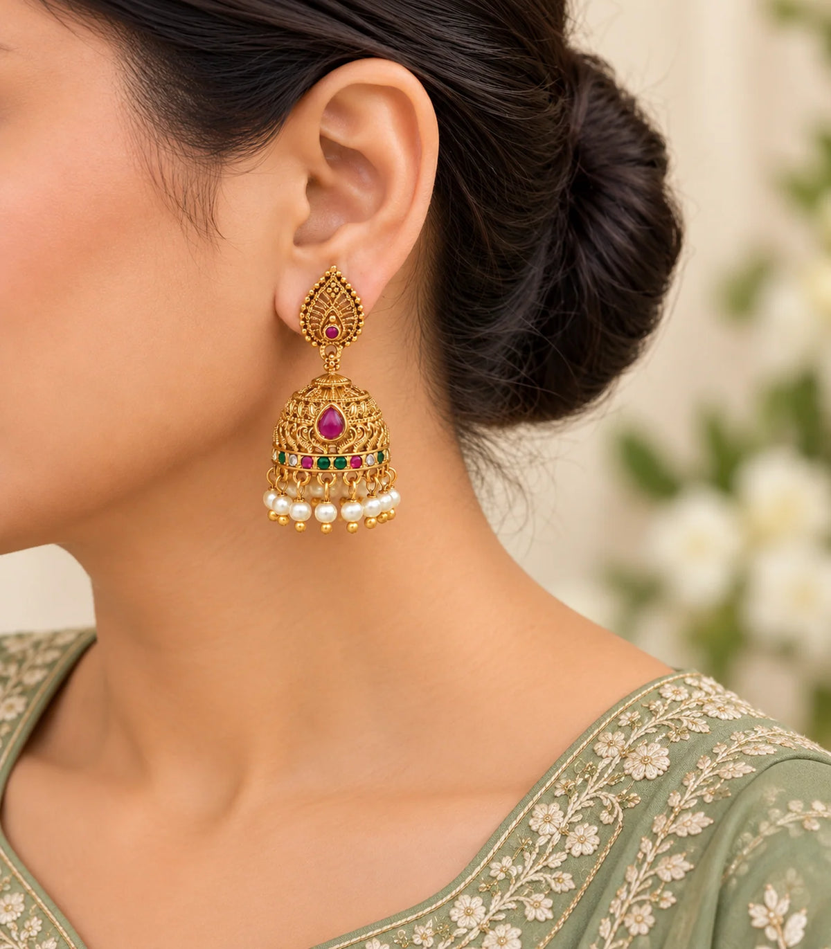 Worn closeup of the teardrop stud, magenta bell accent and pearl fringe