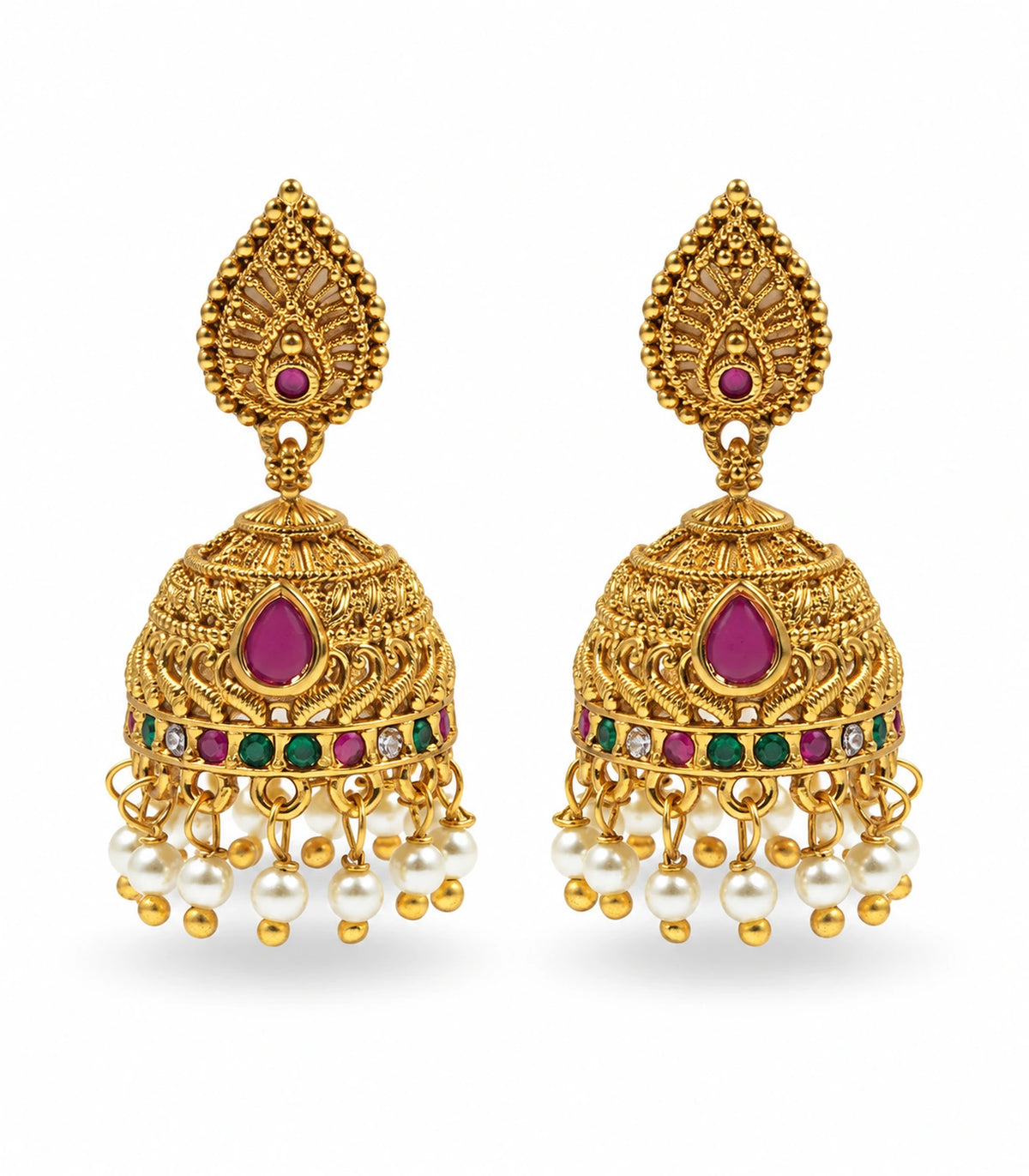 Matching pair of antique gold jhumka earrings with magenta accents, multicolour rim and pearl fringe on white