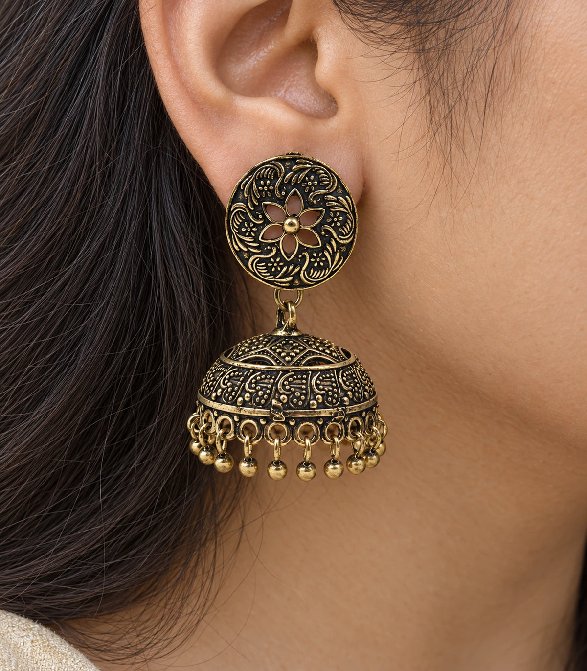 JIMIKI Antique Gold Open Flower Paisley Jhumka Earrings in Antique Gold - close-up details #color_antique-gold