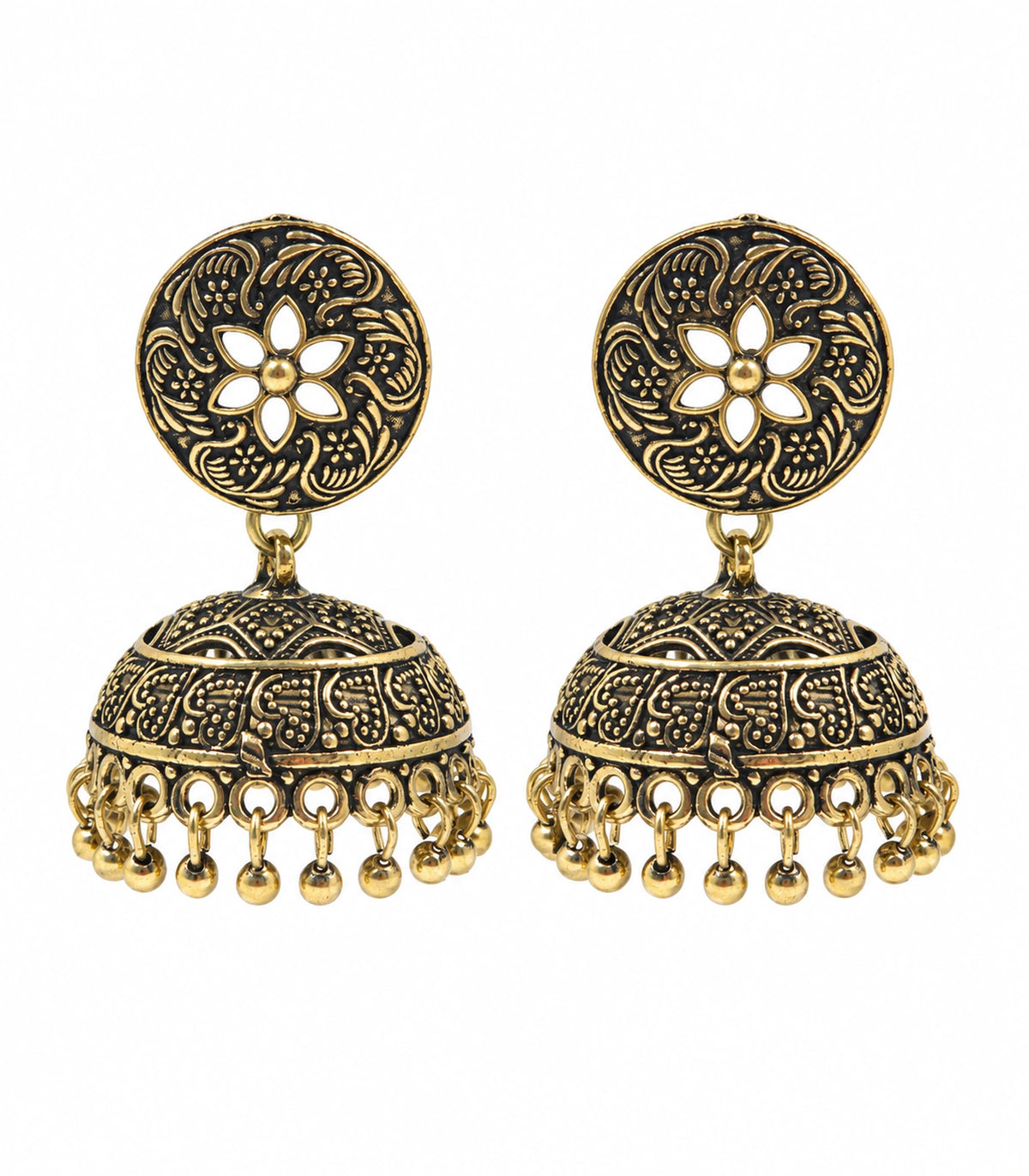 JIMIKI Antique Gold Open Flower Paisley Jhumka Earrings in Antique Gold - pair on white #color_antique-gold
