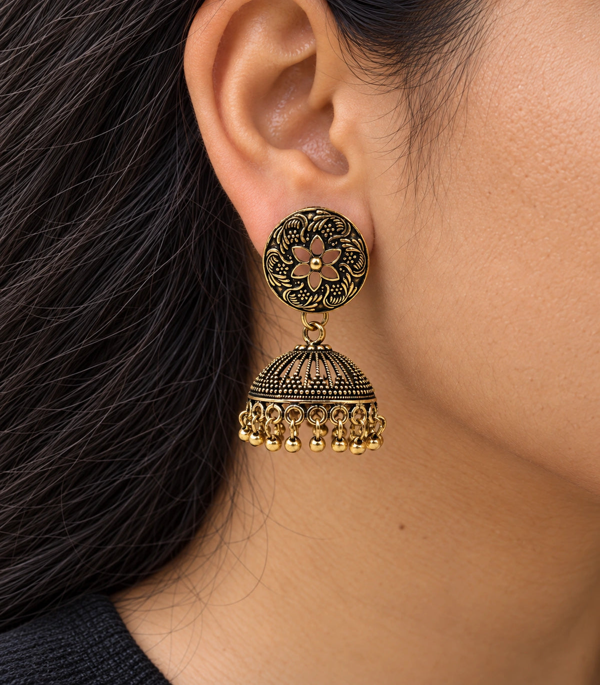 JIMIKI Antique Gold Open Flower Ribbed Jhumka Earrings in Antique Gold - close-up details #color_antique-gold
