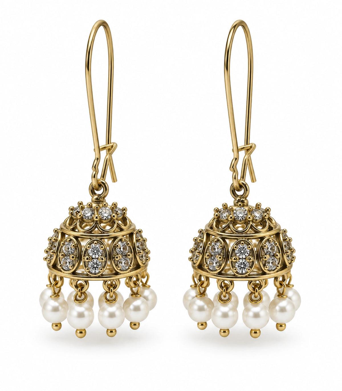 JIMIKI Antique Gold Oval Crystal Pearl Kidney Wire Jhumka Earrings - Matching pair on a white background #color_antique-gold