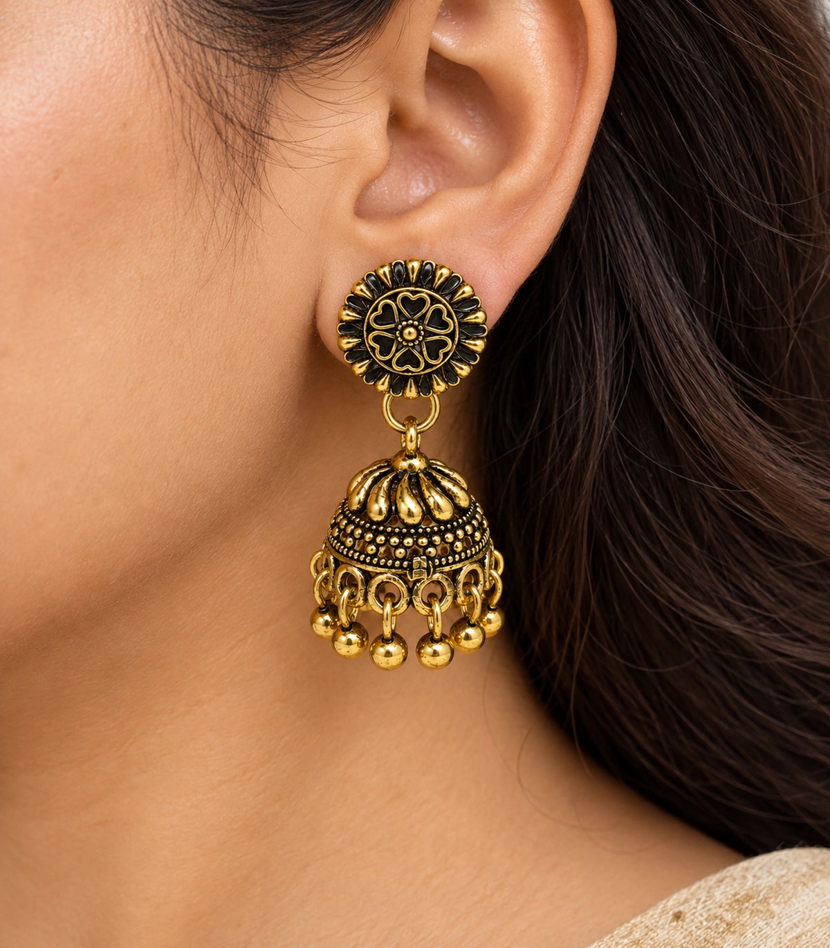 JIMIKI Antique Gold Petal Dome Jhumka Earrings - close-up of the stud, tier and bead details #color_antique-gold