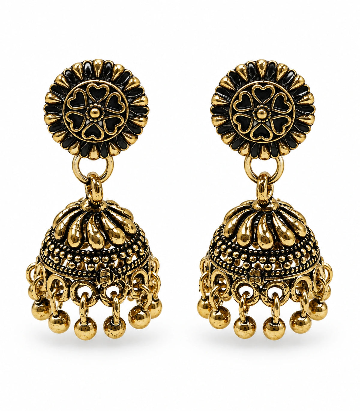 JIMIKI Antique Gold Petal Dome Jhumka Earrings - matching pair on a white background #color_antique-gold