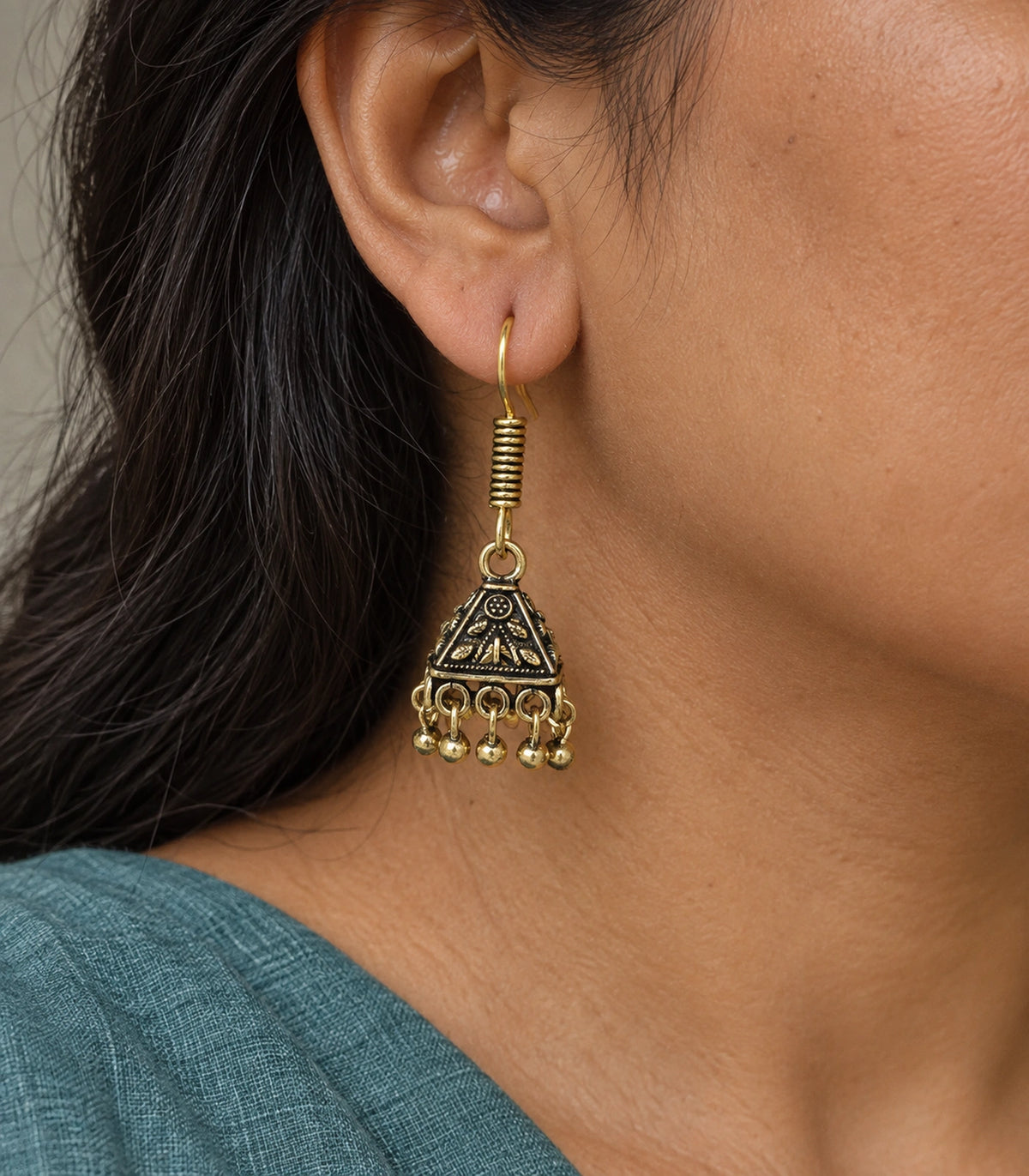 JIMIKI Pyramid Floral Hook Jhumka Earrings in Antique Gold - close-up details #color_antique-gold