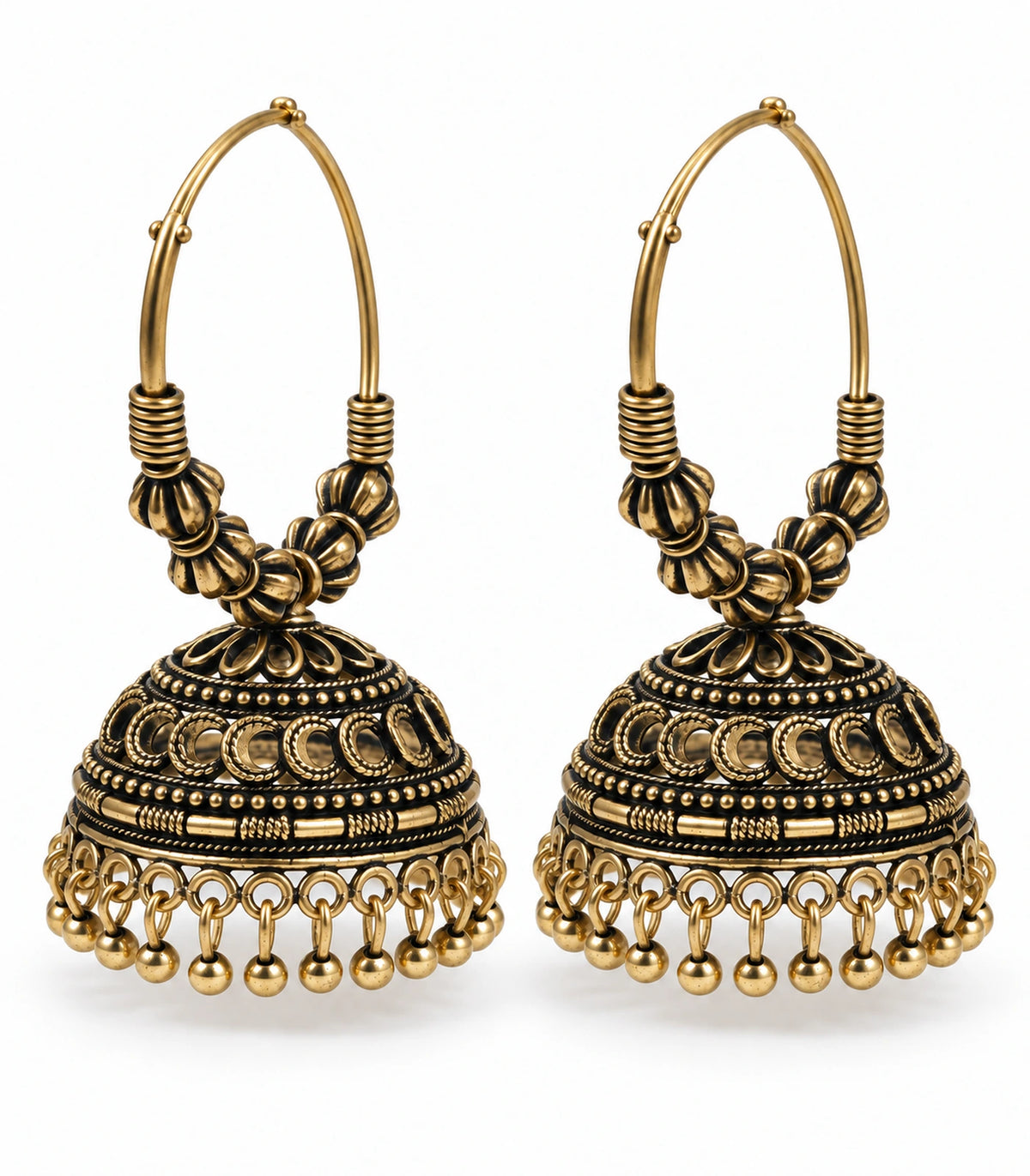 JIMIKI Antique Gold Ribbed Bead Hoop Crescent Jhumka Earrings in Antique Gold - pair on white #color_antique-gold