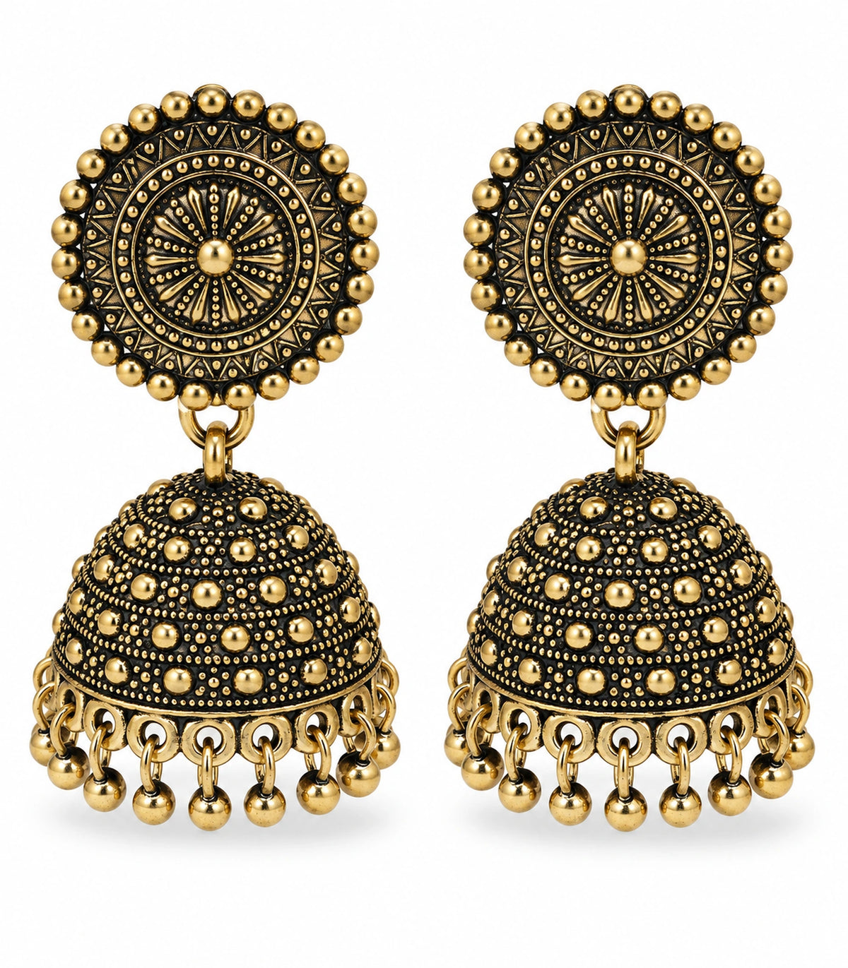 JIMIKI Antique Gold Sunburst Medallion Jhumka Earrings - Matching pair on white #color_antique-gold