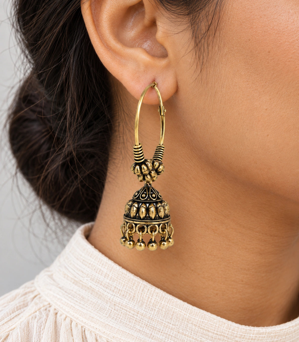 JIMIKI Antique Gold Three Bead Hoop Leaf Jhumka Earrings in Antique Gold - close-up details #color_antique-gold
