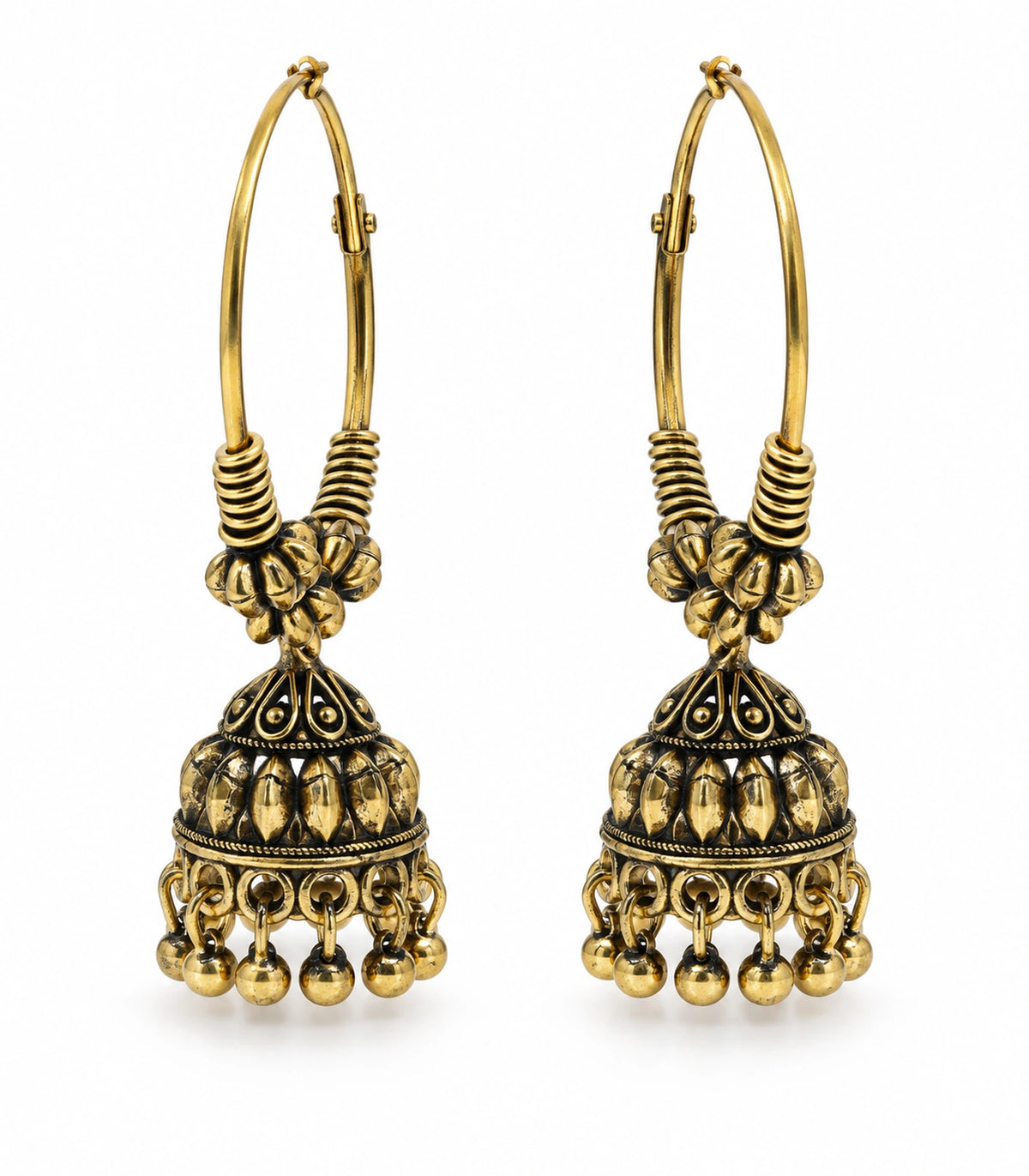 JIMIKI Antique Gold Three Bead Hoop Leaf Jhumka Earrings in Antique Gold - pair on white #color_antique-gold