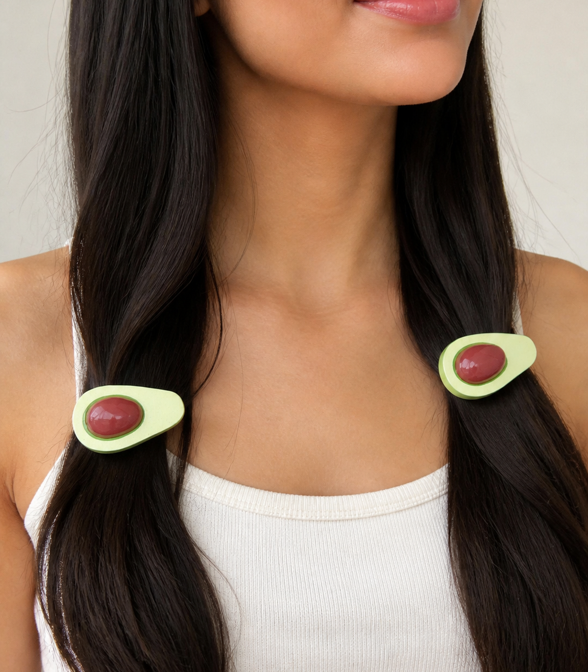 JIMIKI Elongated Avocado Slice Barrette Pair in Pale Green / Brown, worn hairstyle view