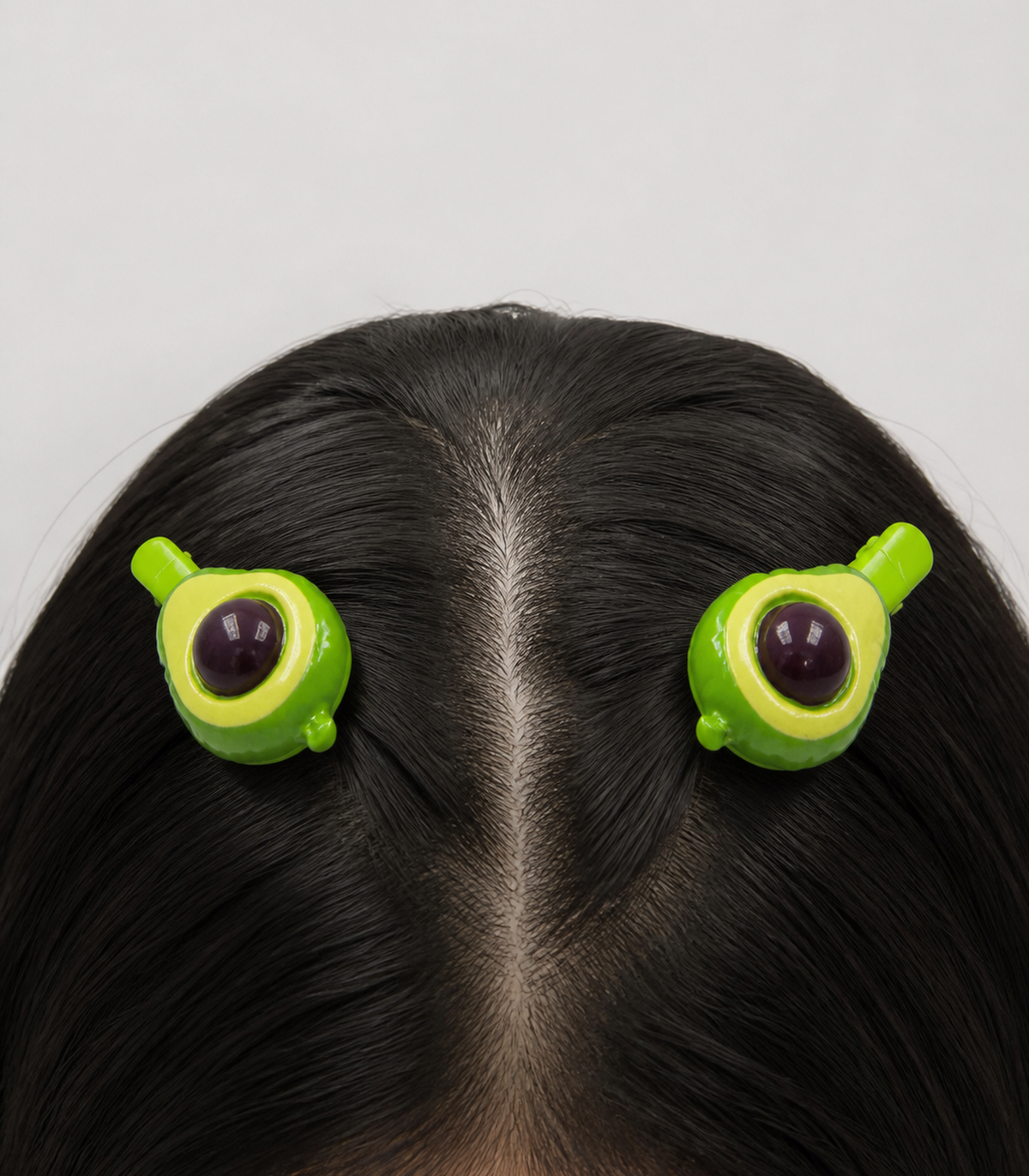 JIMIKI Raised Avocado Green Clip Pair in Green / Dark Brown, worn hairstyle view