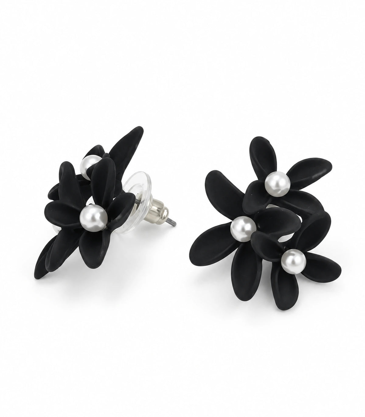 JIMIKI Black cascading floral cluster stud earrings, matching pair on a white background #color_black