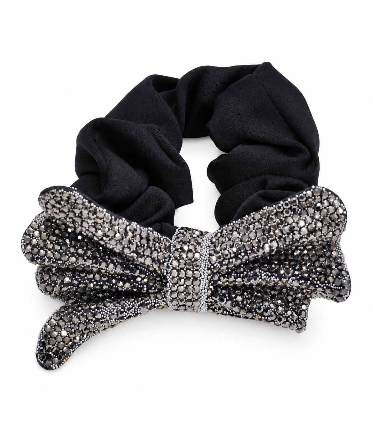 Black gathered scrunchie with layered crystal-like bow, complete item on white