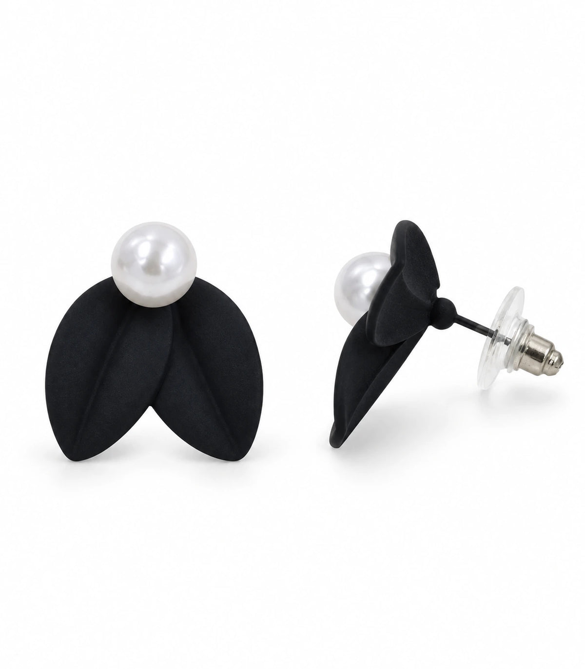 JIMIKI Double Leaf Pearl Stud Earrings in Black — pair on white background #color_black