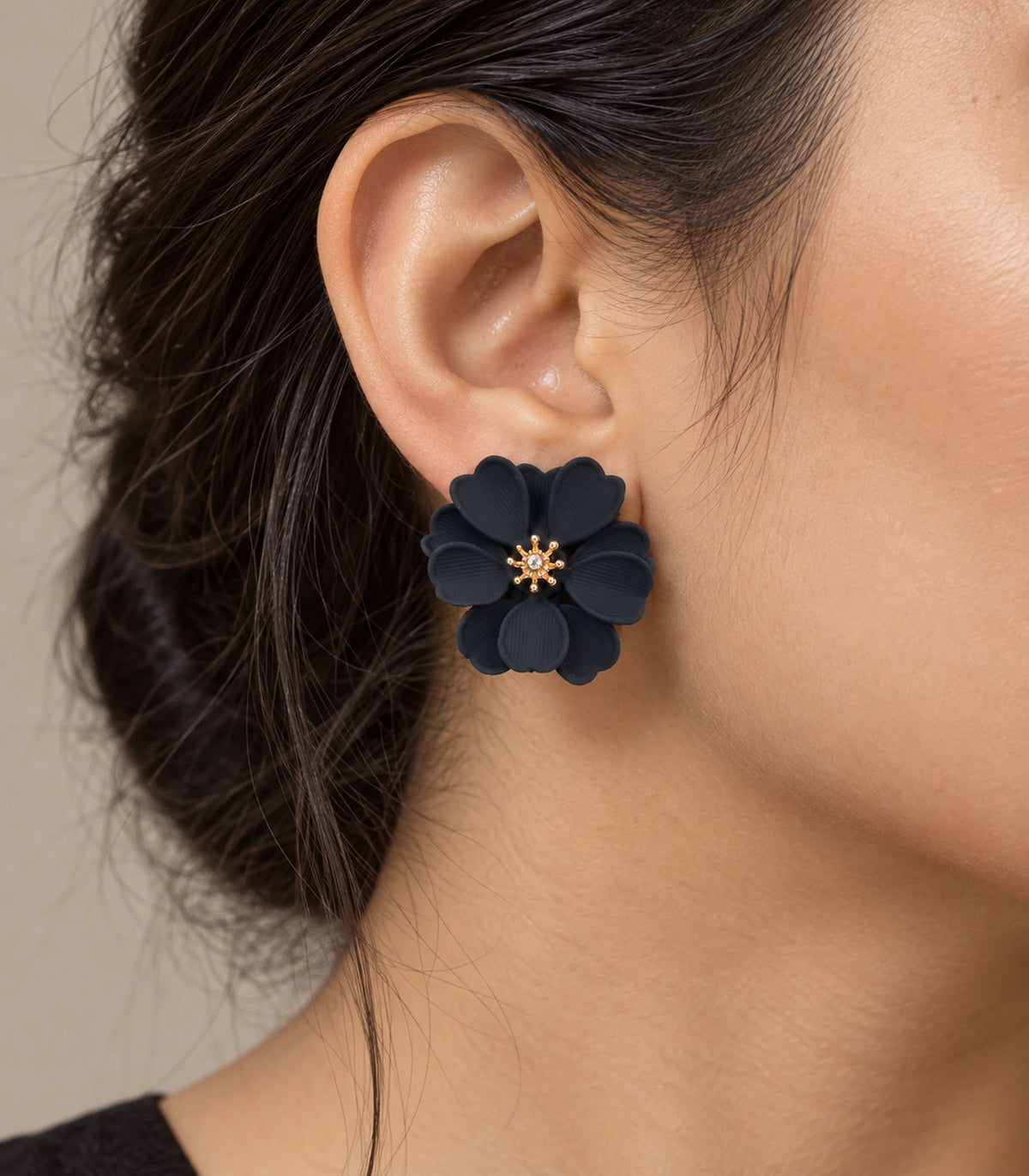 JIMIKI Black Layered Daisy Stud Earrings - earring worn on model #color_black