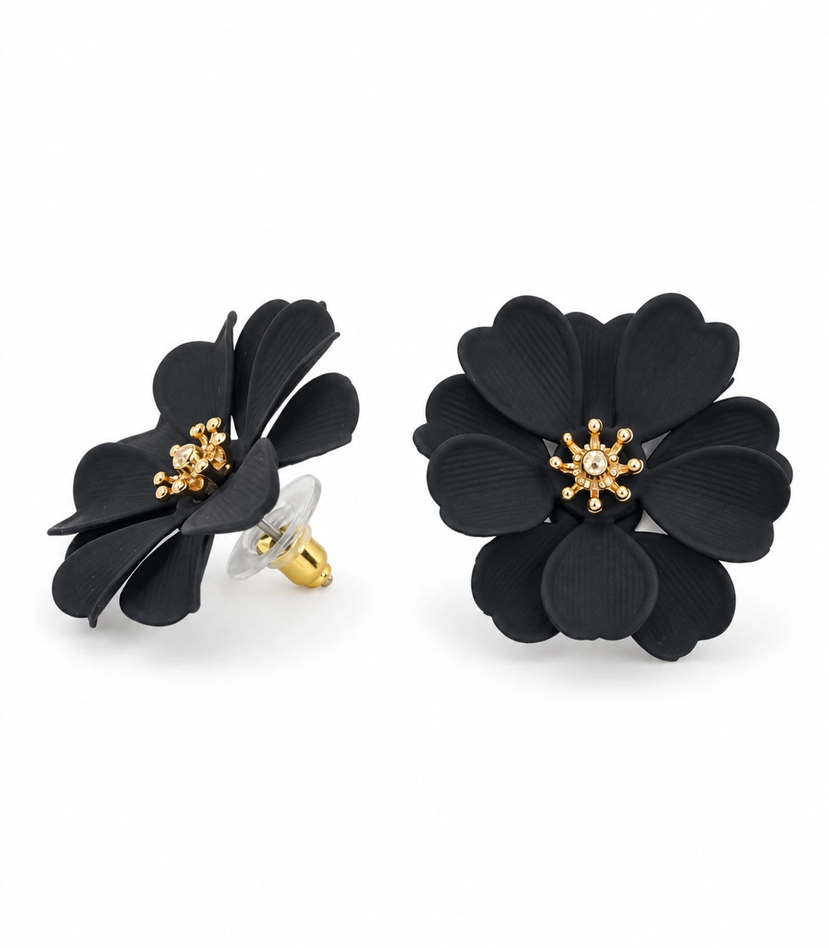 JIMIKI Black Layered Daisy Stud Earrings - pair on white background #color_black