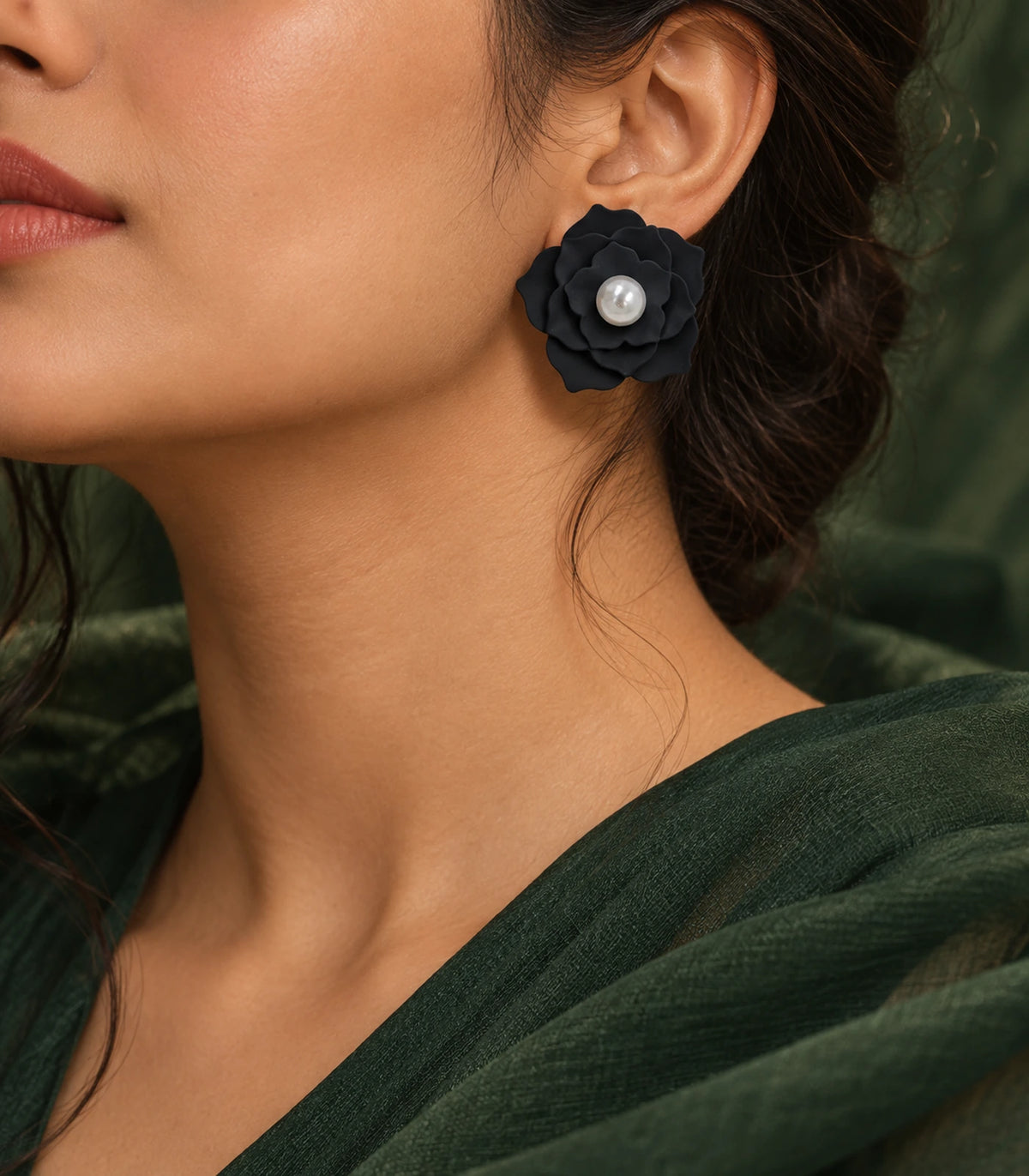JIMIKI Layered Flower Pearl Stud Earrings, Black — earrings styled with an outfit #color_black