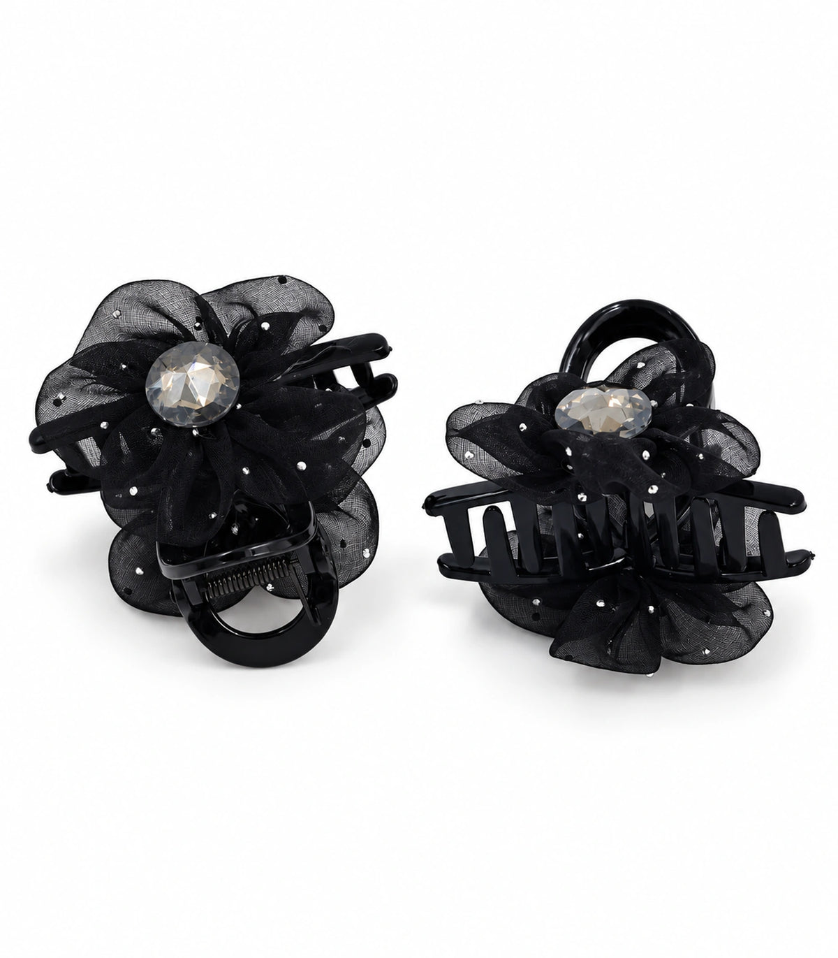 JIMIKI Organza Flower Crystal Hair Claw Clips in Black, white background product view #color_black