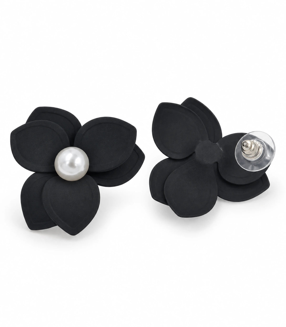 JIMIKI Black Triple Petal Pearl Flower Stud Earrings - pair on white background #color_black