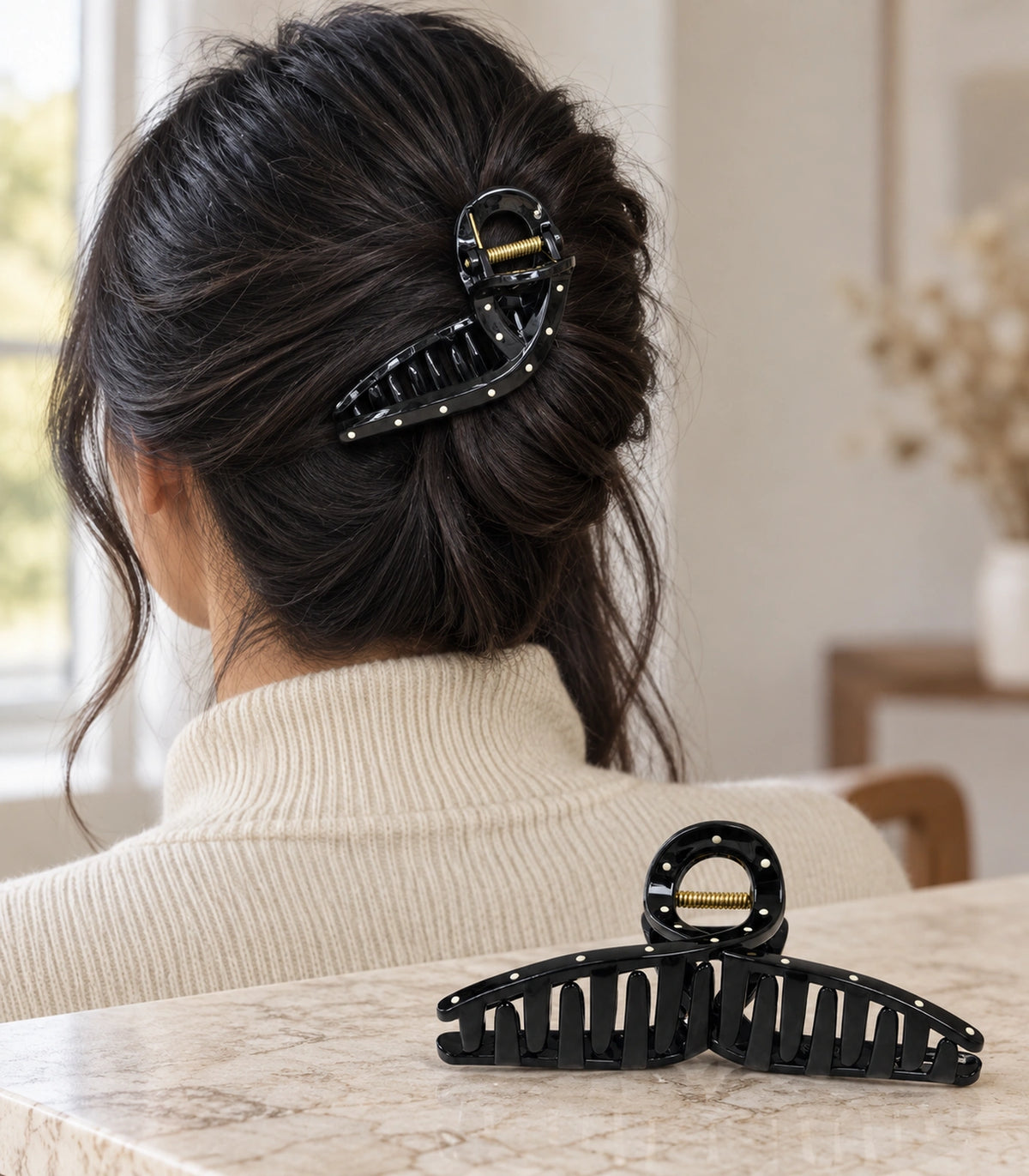 JIMIKI Polka Dot Slim Bow Hair Claw Clips in Black / White, editorial model view #color_black / white