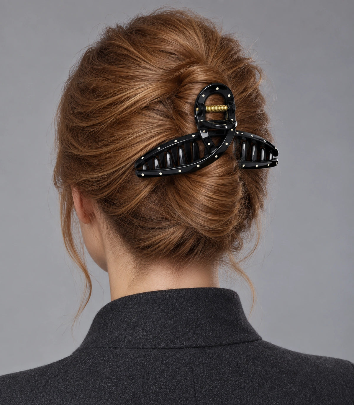 JIMIKI Polka Dot Slim Bow Hair Claw Clips in Black / White, model wearing view #color_black / white