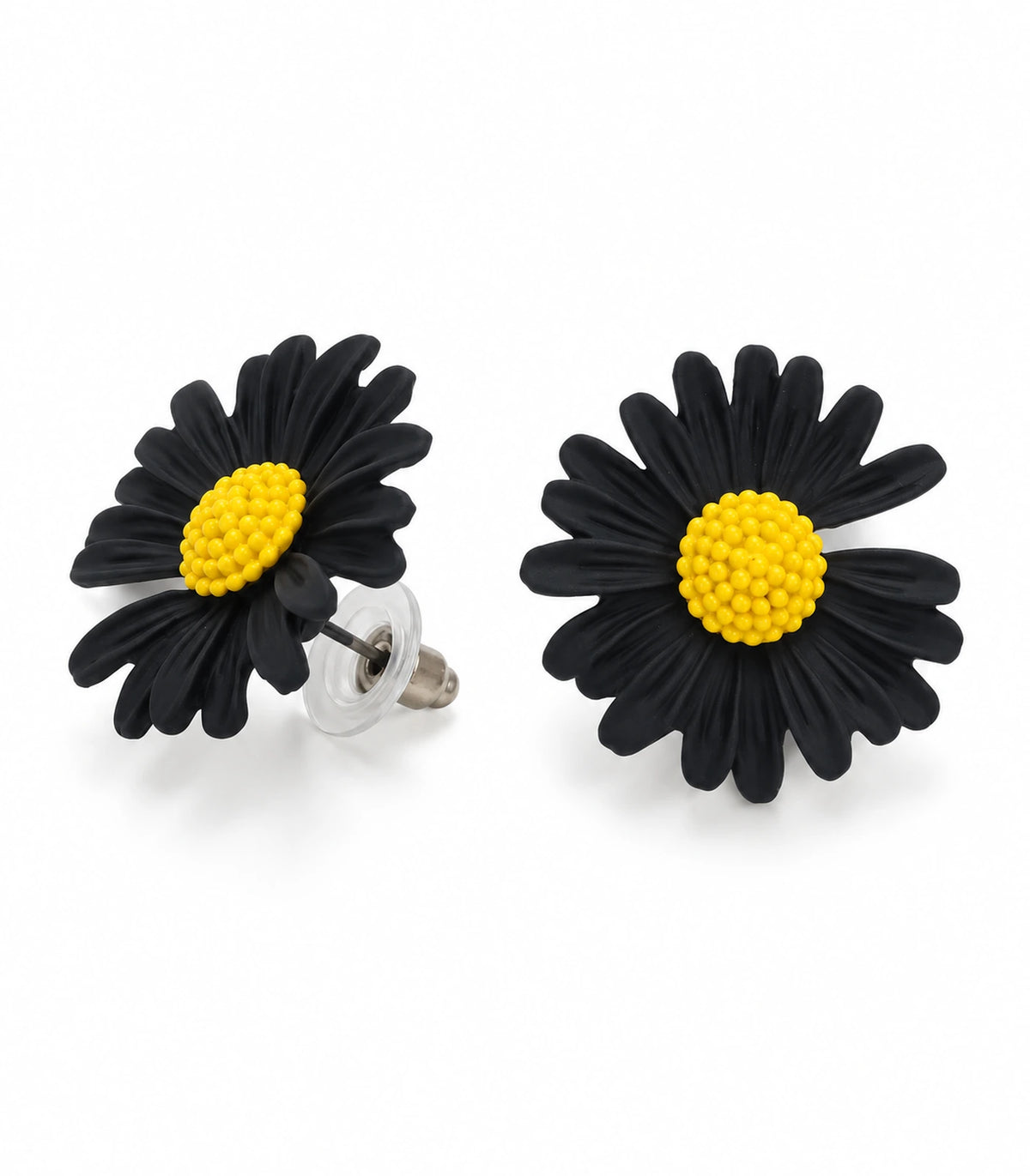 JIMIKI Black yellow centre daisy stud earrings, matching pair on a white background #color_black