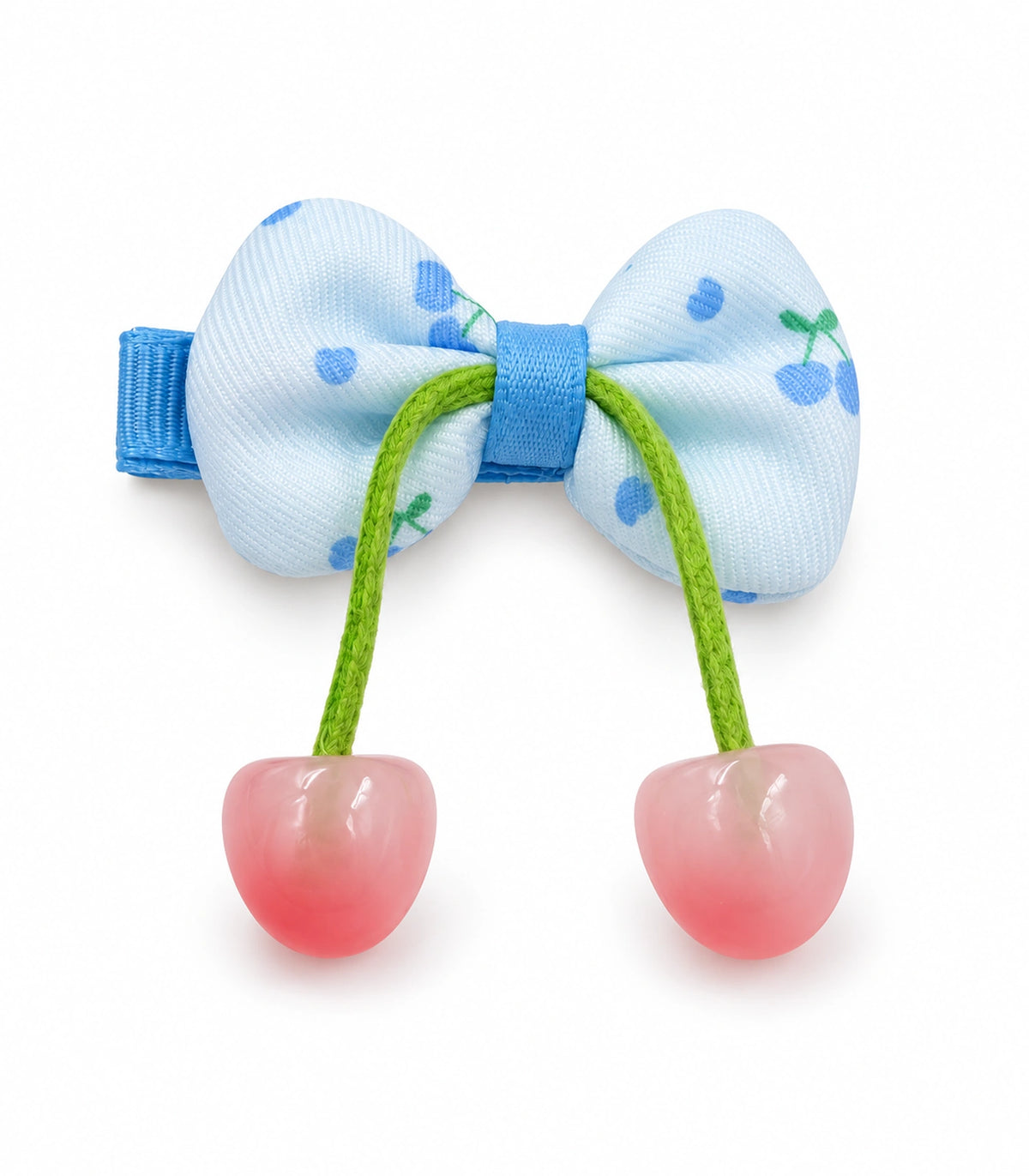 JIMIKI Cherry Print Bow Hair Clip With Cherry Charms in Blue, white background product view #color_blue