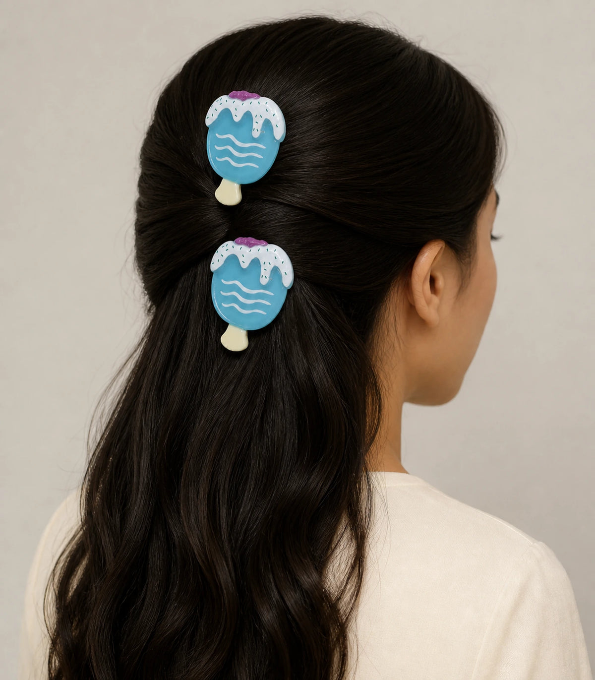 Editorial model view of the Blue Frosted Popsicle Clip Pair
