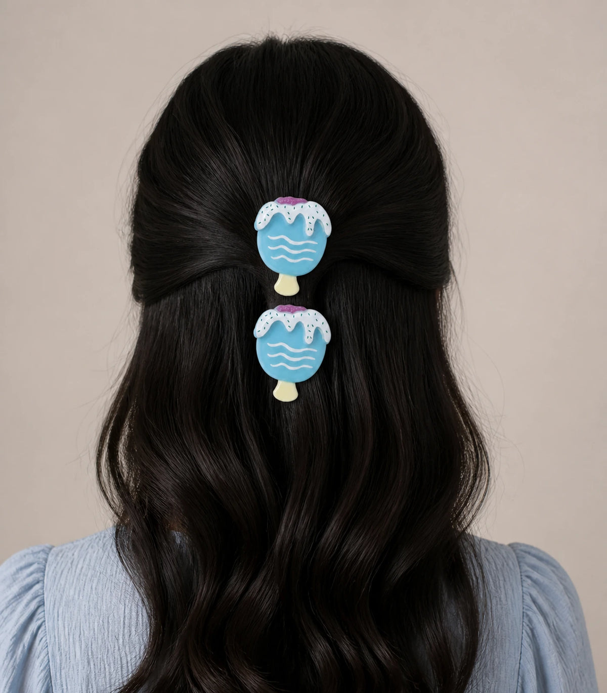 Model wearing the Blue Frosted Popsicle Clip Pair