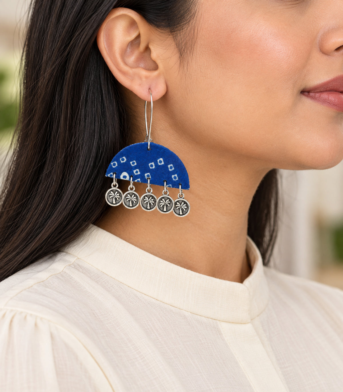 Blue Geometric Fabric Coin Earrings – model view