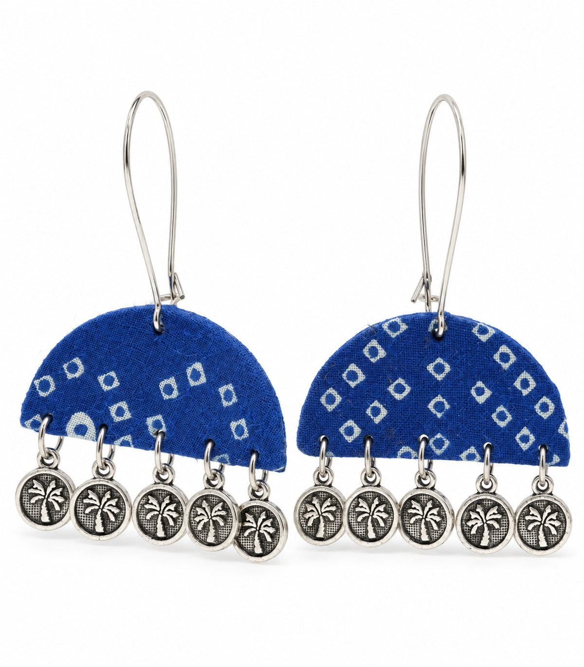 Blue Geometric Fabric Coin Earrings – white background view