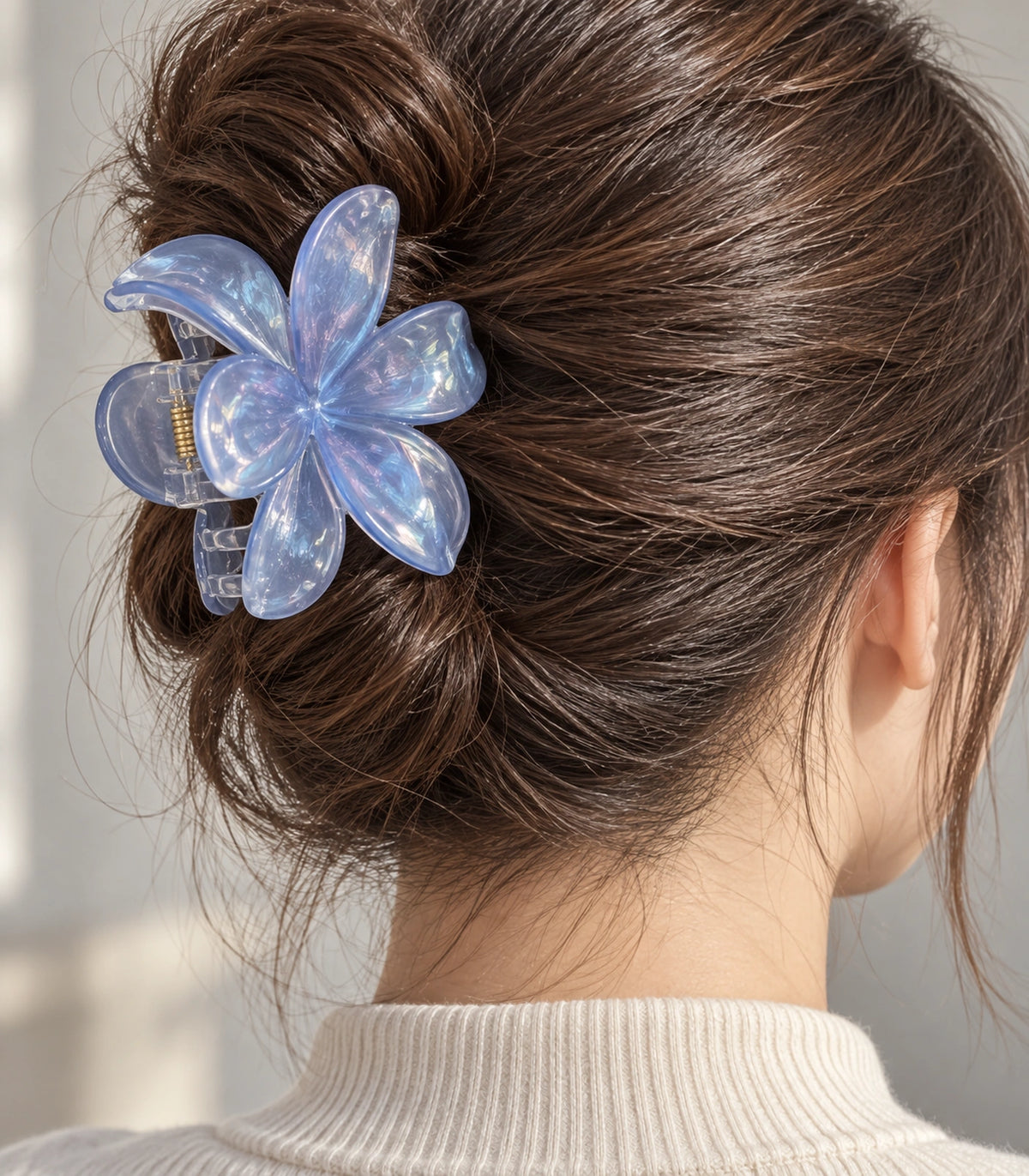 JIMIKI Iridescent Five Petal Flower Hair Claw Clips in Blue, close-up detail #color_blue