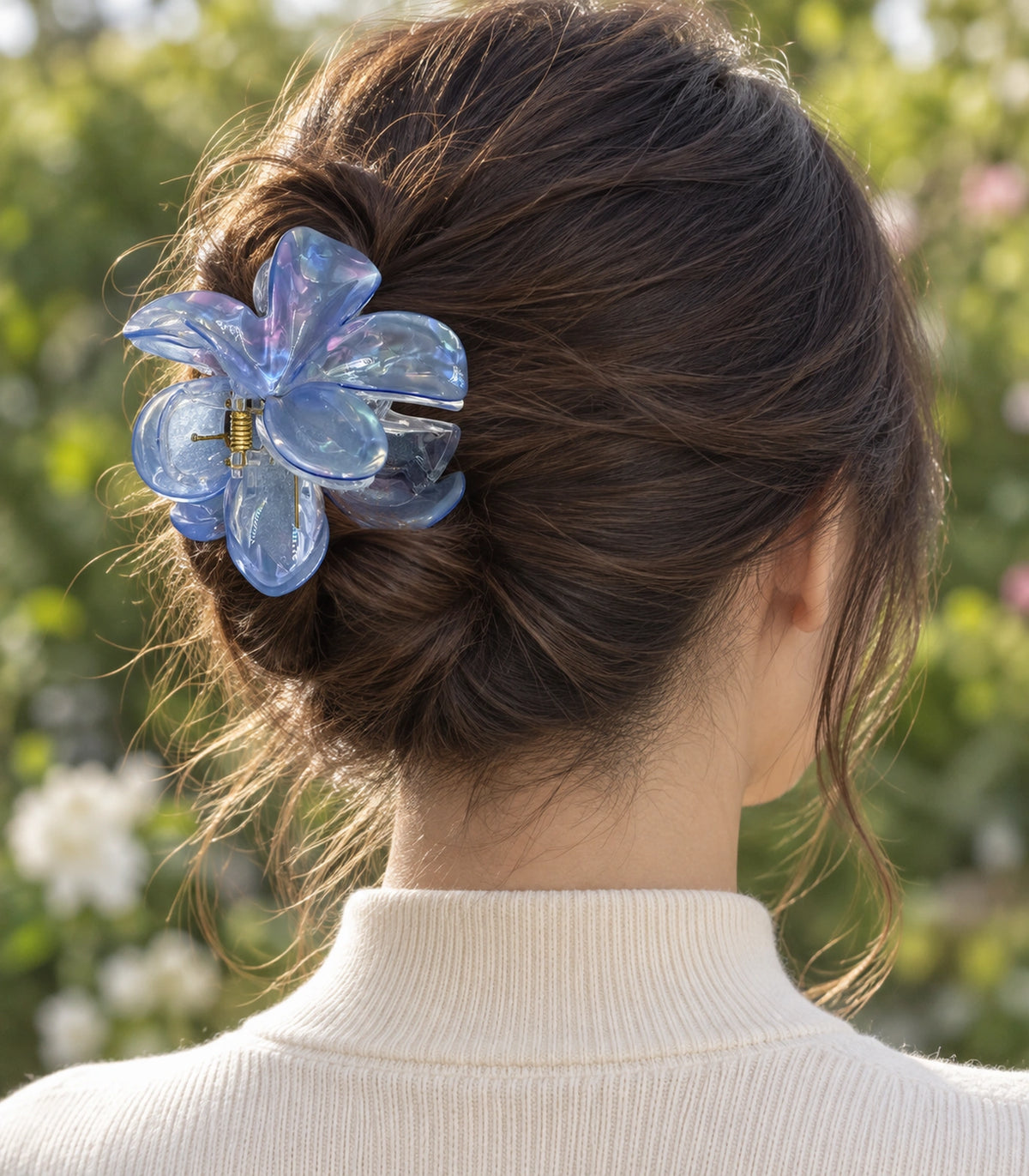 JIMIKI Iridescent Five Petal Flower Hair Claw Clips in Blue, editorial model view #color_blue